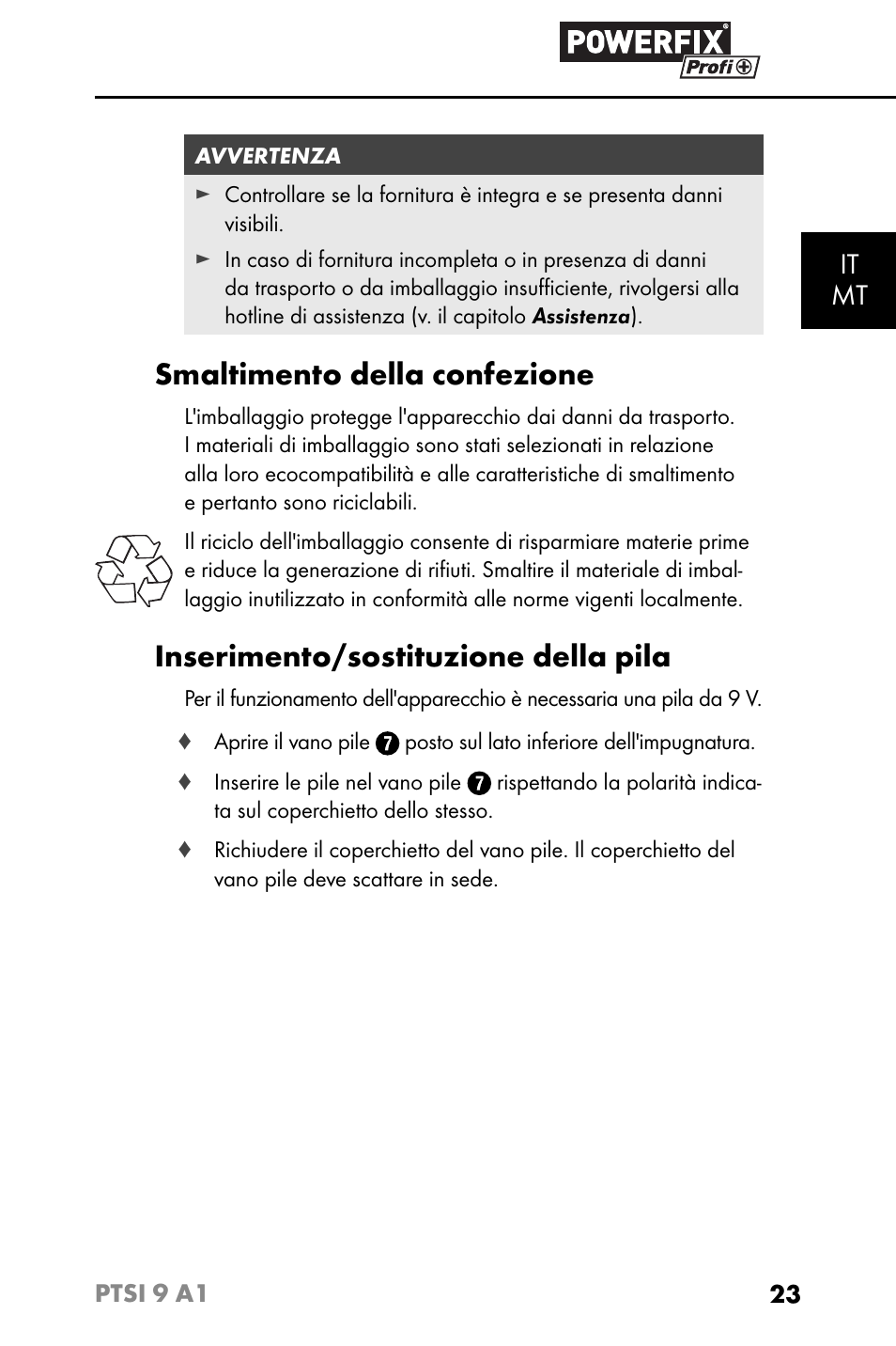 Smaltimento della confezione, Inserimento/sostituzione della pila, It mt | Powerfix PTSI 9 A1 User Manual | Page 26 / 83
