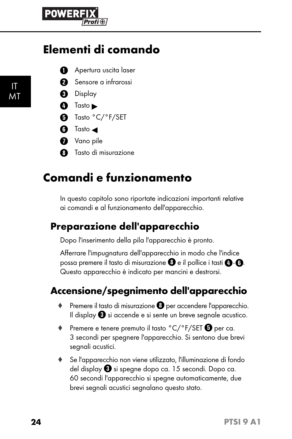 Elementi di comando, Comandi e funzionamento, Preparazione dell'apparecchio | Accensione/spegnimento dell'apparecchio, It mt | Powerfix PTSI 9 A1 User Manual | Page 27 / 83