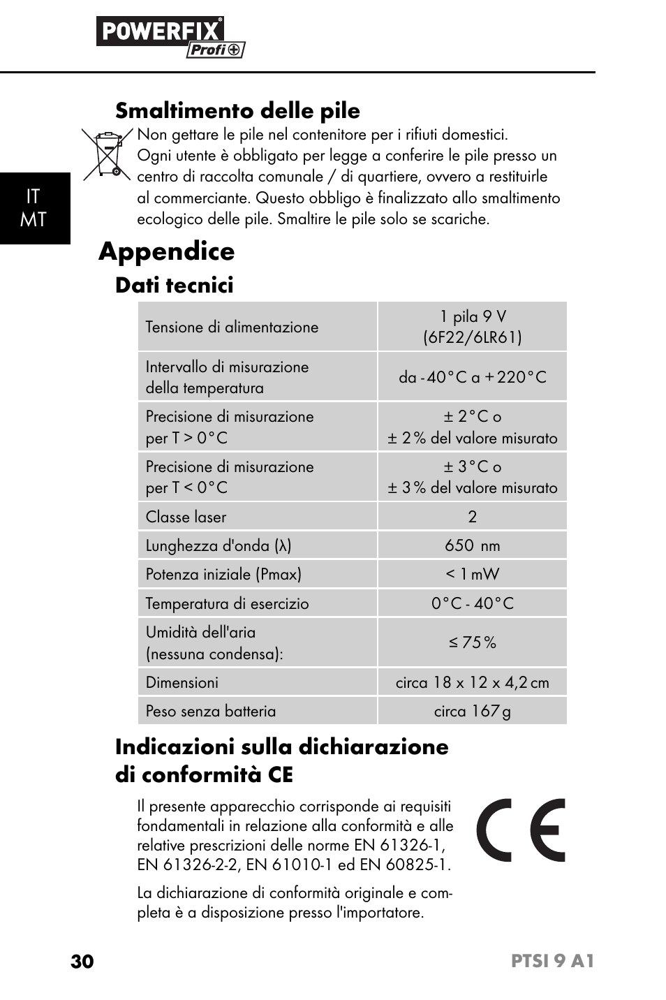 Appendice, Smaltimento delle pile, Dati tecnici | Indicazioni sulla dichiarazione di conformità ce, It mt | Powerfix PTSI 9 A1 User Manual | Page 33 / 83