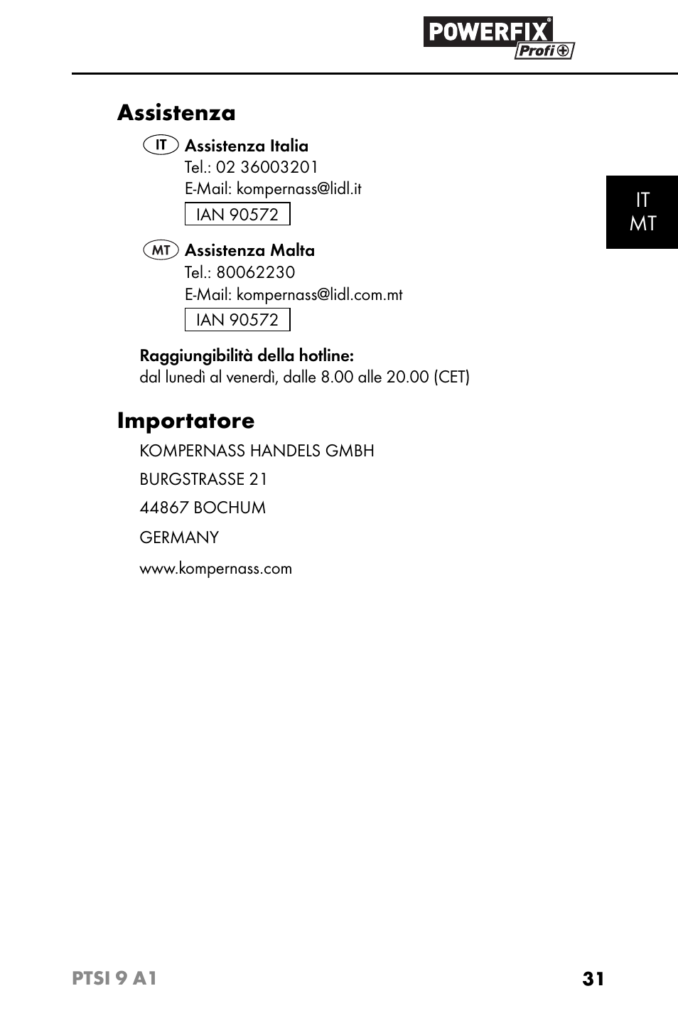 Assistenza, Importatore, It mt | Powerfix PTSI 9 A1 User Manual | Page 34 / 83