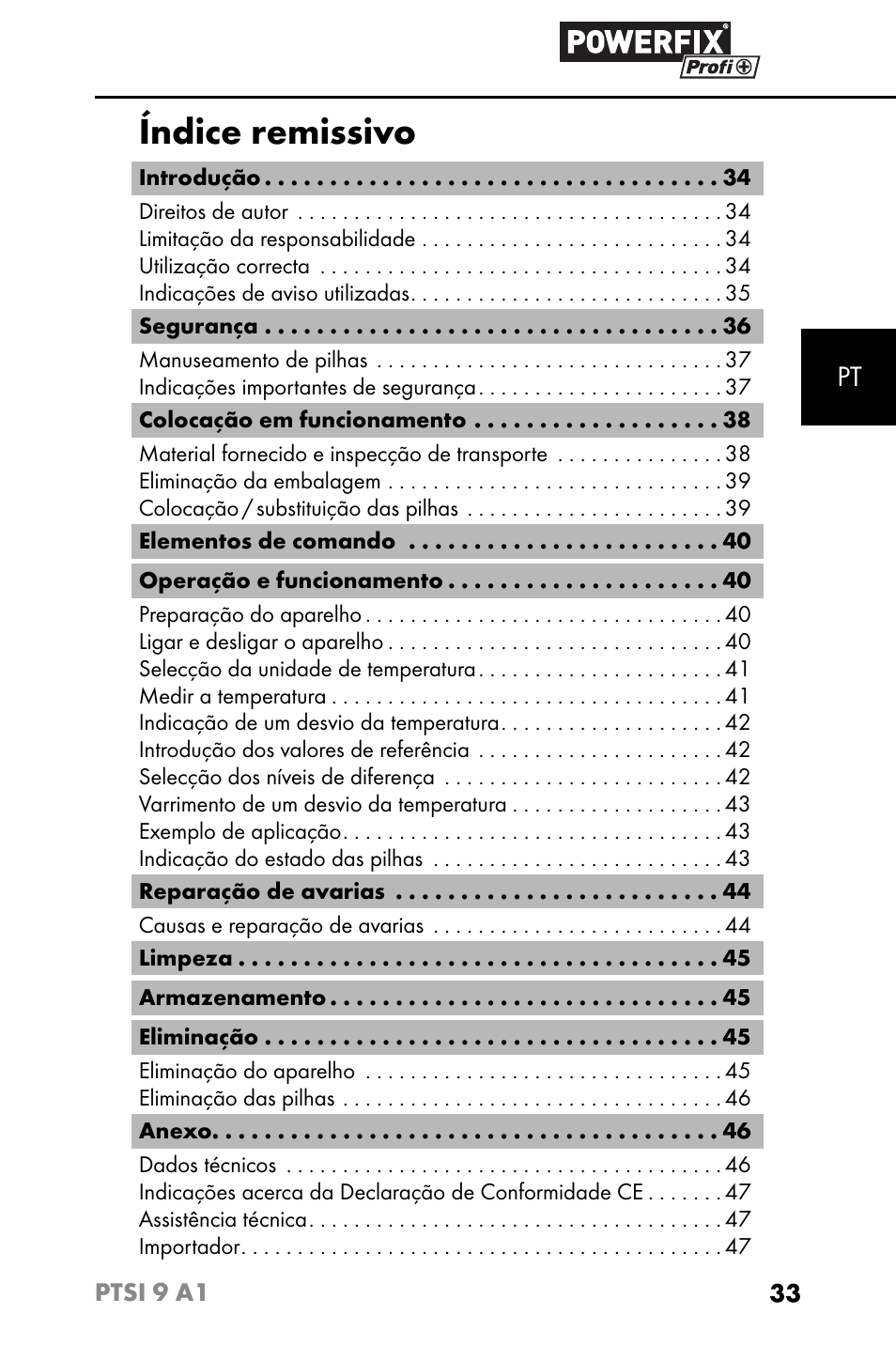 Índice remissivo | Powerfix PTSI 9 A1 User Manual | Page 36 / 83