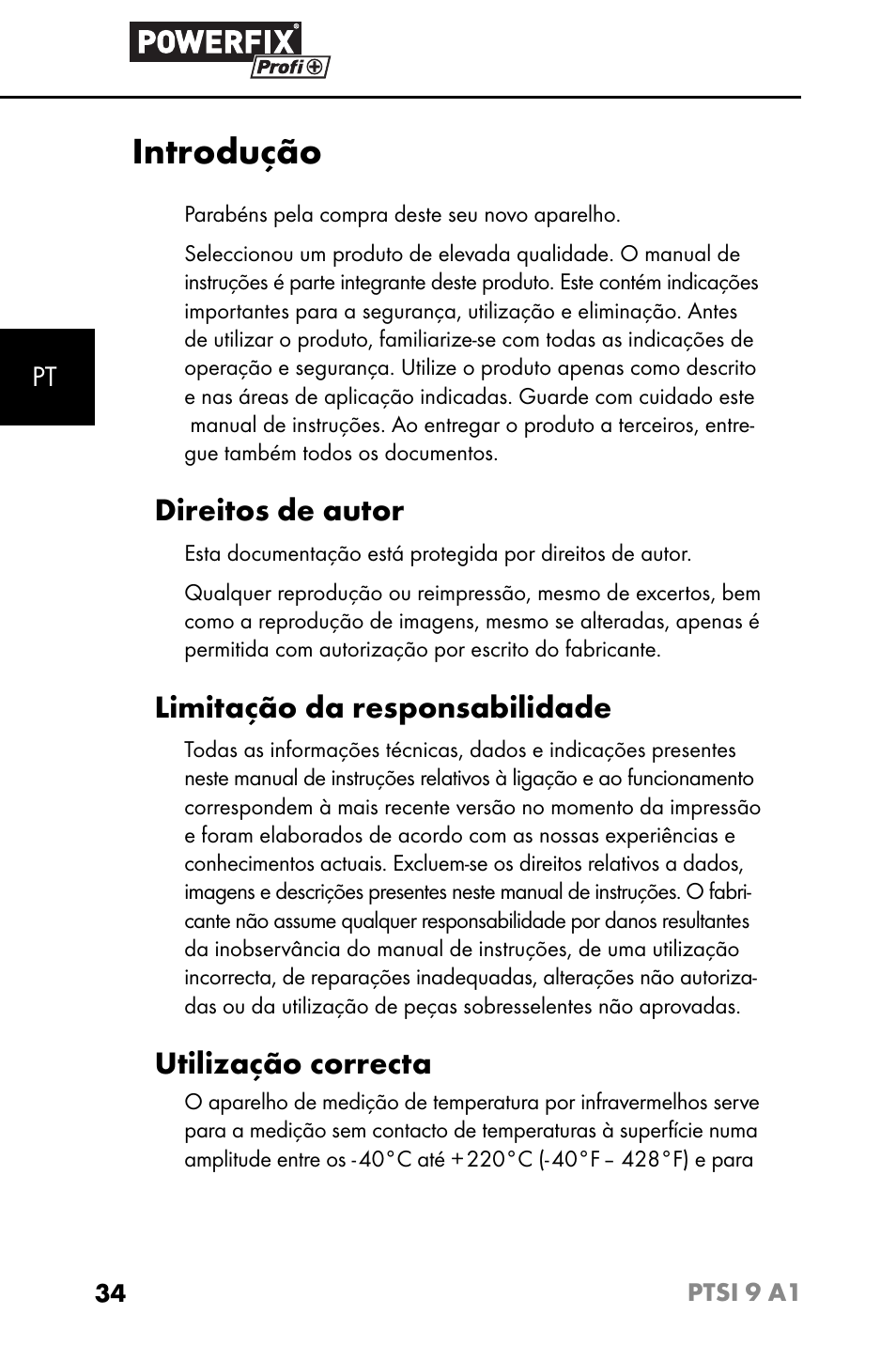 Introdução, Direitos de autor, Limitação da responsabilidade | Utilização correcta | Powerfix PTSI 9 A1 User Manual | Page 37 / 83