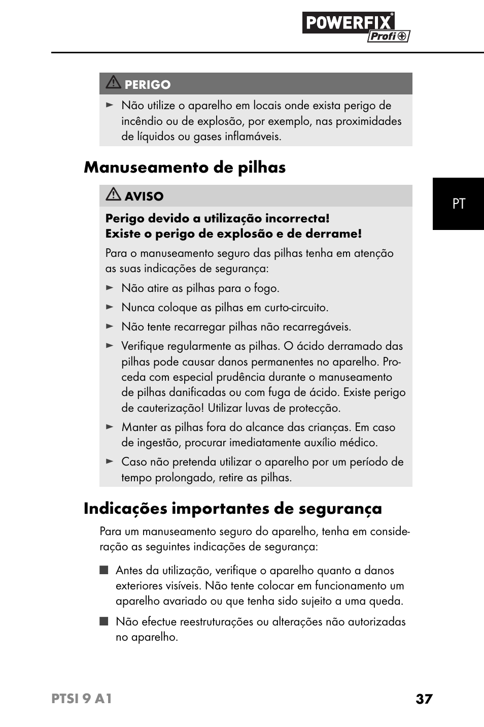 Manuseamento de pilhas, Indicações importantes de segurança | Powerfix PTSI 9 A1 User Manual | Page 40 / 83