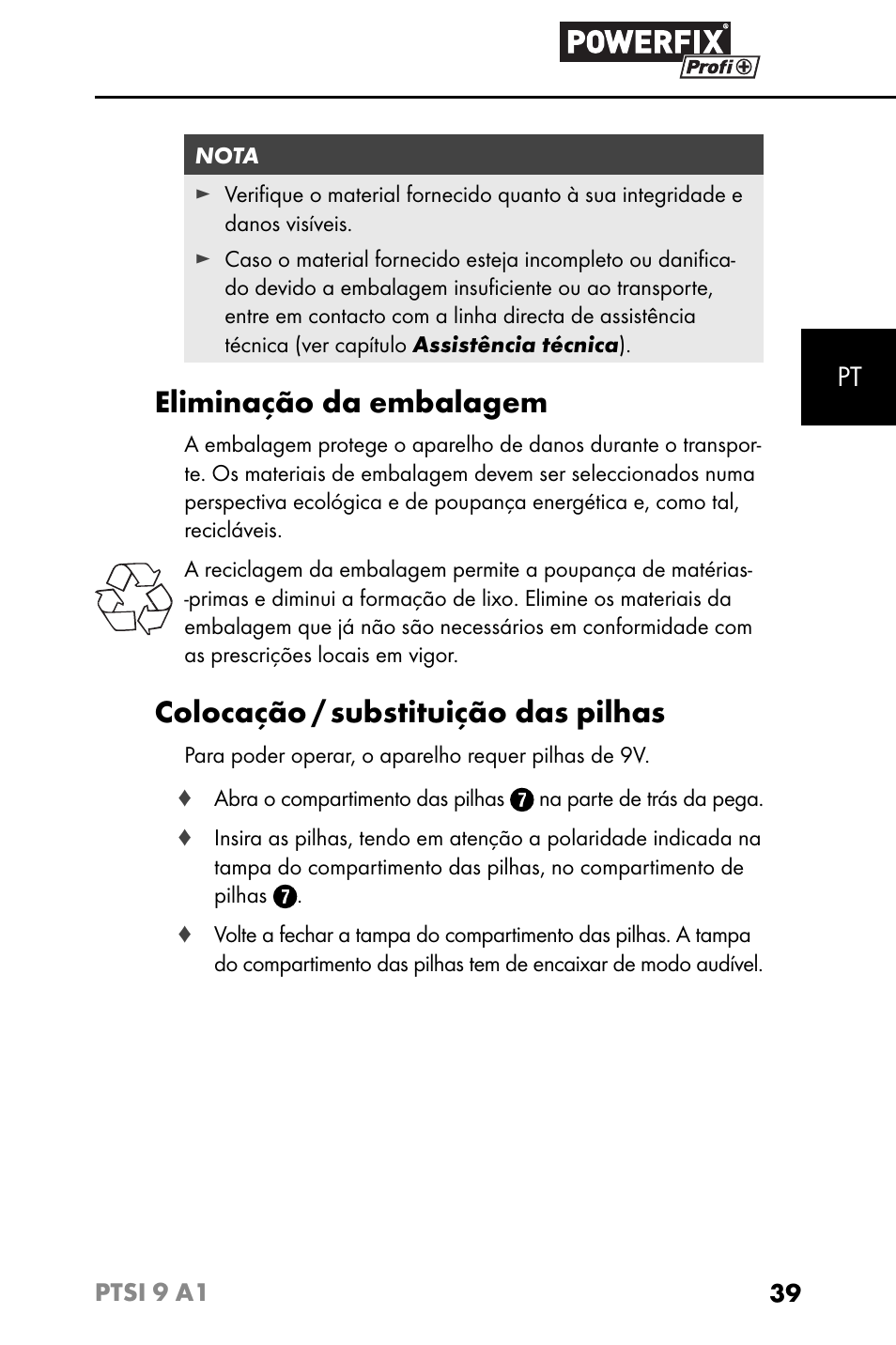 Eliminação da embalagem, Colocação / substituição das pilhas | Powerfix PTSI 9 A1 User Manual | Page 42 / 83