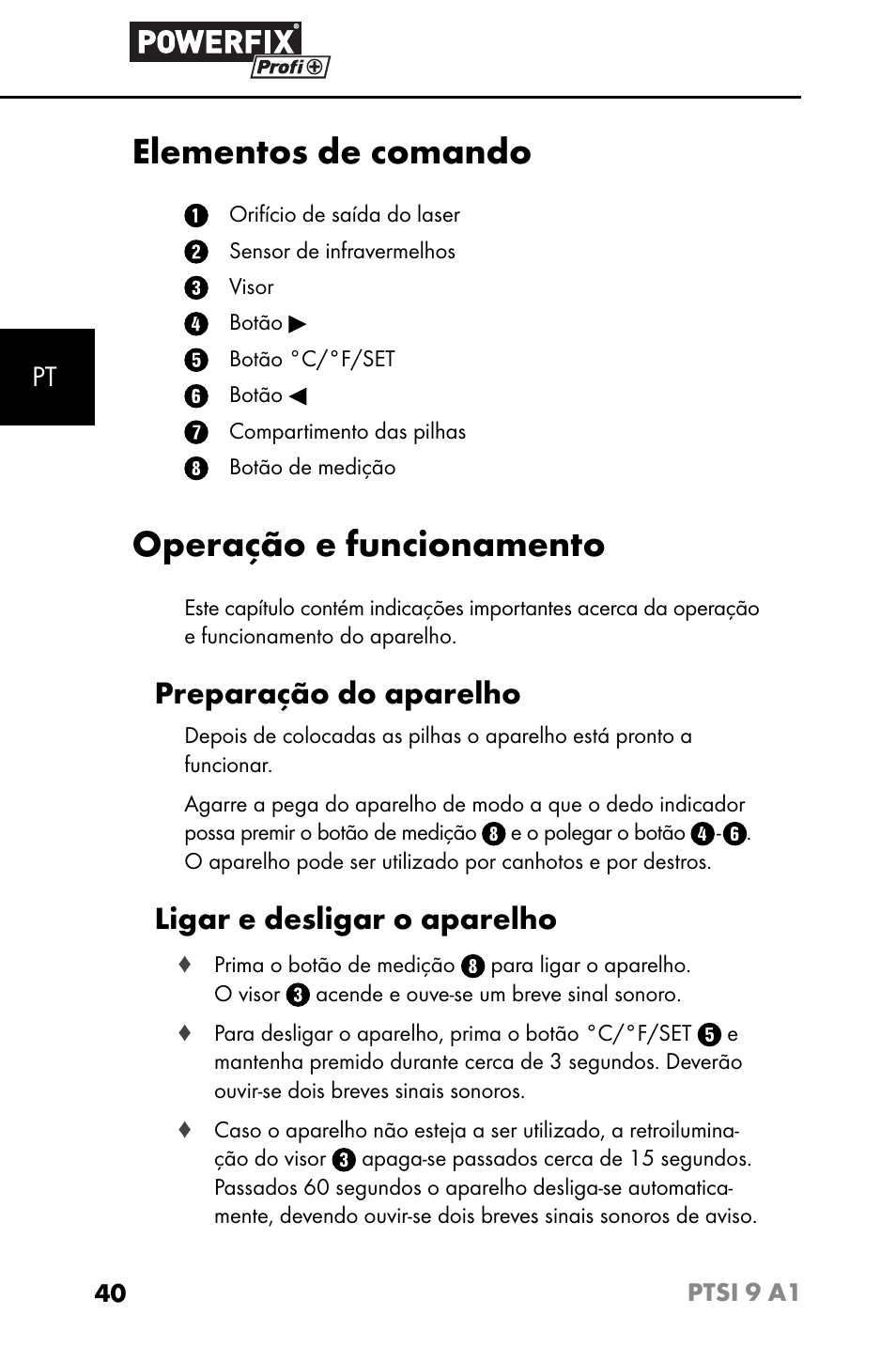 Elementos de comando, Operação e funcionamento, Preparação do aparelho | Ligar e desligar o aparelho | Powerfix PTSI 9 A1 User Manual | Page 43 / 83