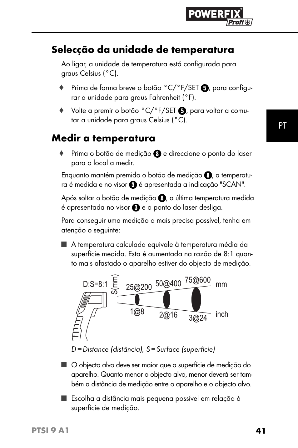 Selecção da unidade de temperatura, Medir a temperatura | Powerfix PTSI 9 A1 User Manual | Page 44 / 83