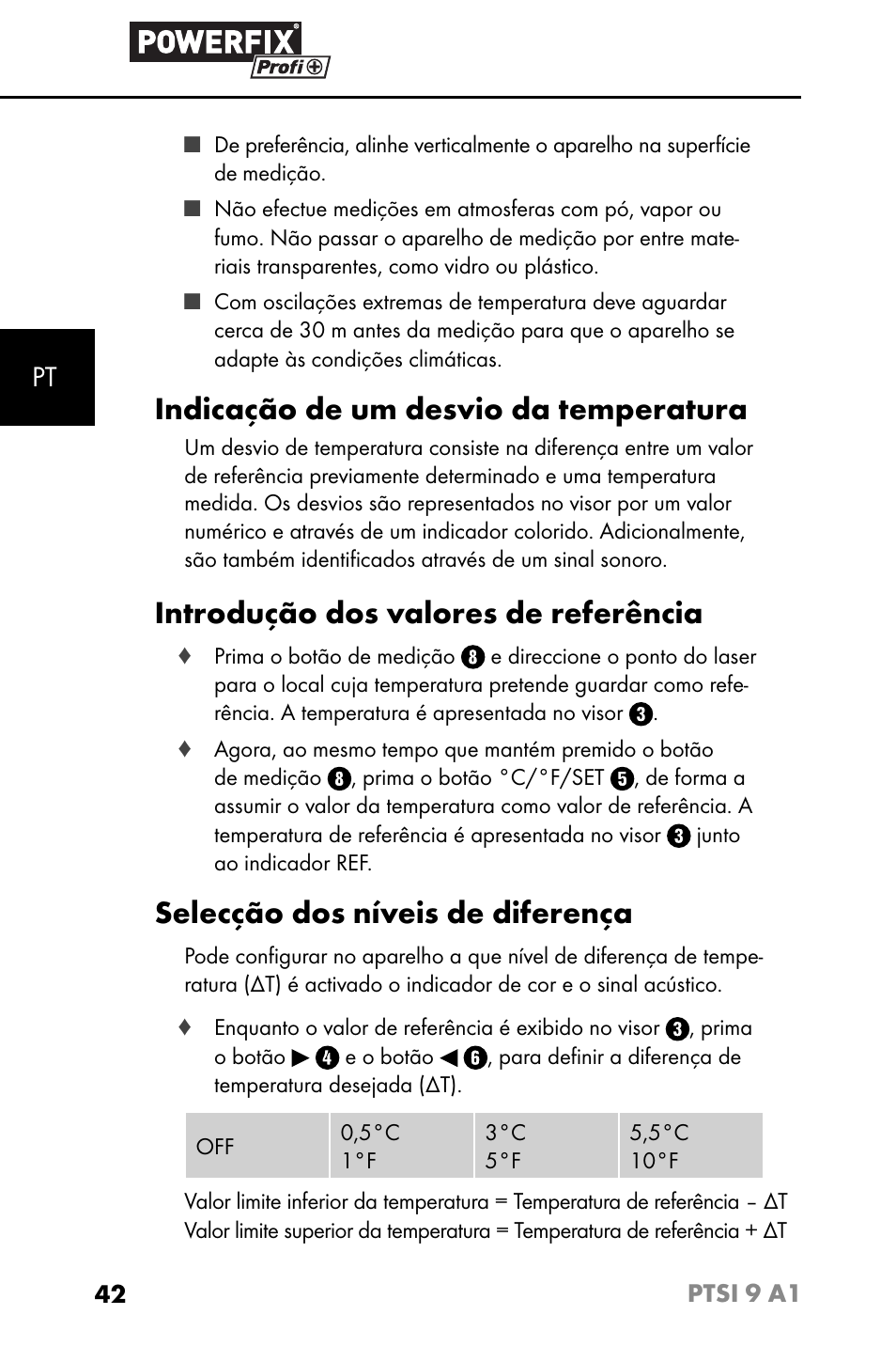 Indicação de um desvio da temperatura, Introdução dos valores de referência, Selecção dos níveis de diferença | Powerfix PTSI 9 A1 User Manual | Page 45 / 83