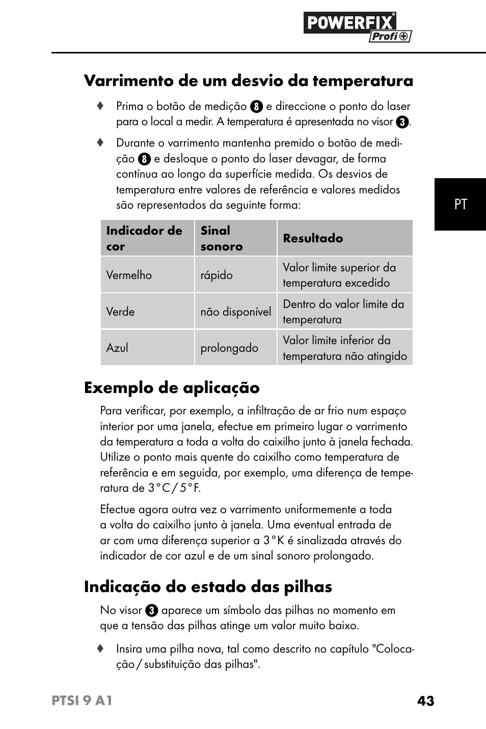 Varrimento de um desvio da temperatura, Exemplo de aplicação, Indicação do estado das pilhas | Powerfix PTSI 9 A1 User Manual | Page 46 / 83