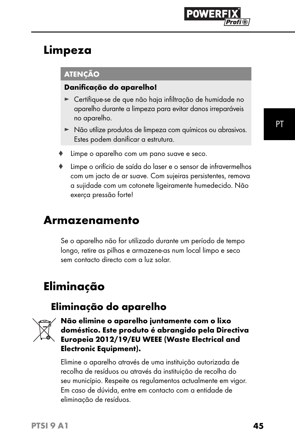 Limpeza, Armazenamento, Eliminação | Eliminação do aparelho | Powerfix PTSI 9 A1 User Manual | Page 48 / 83