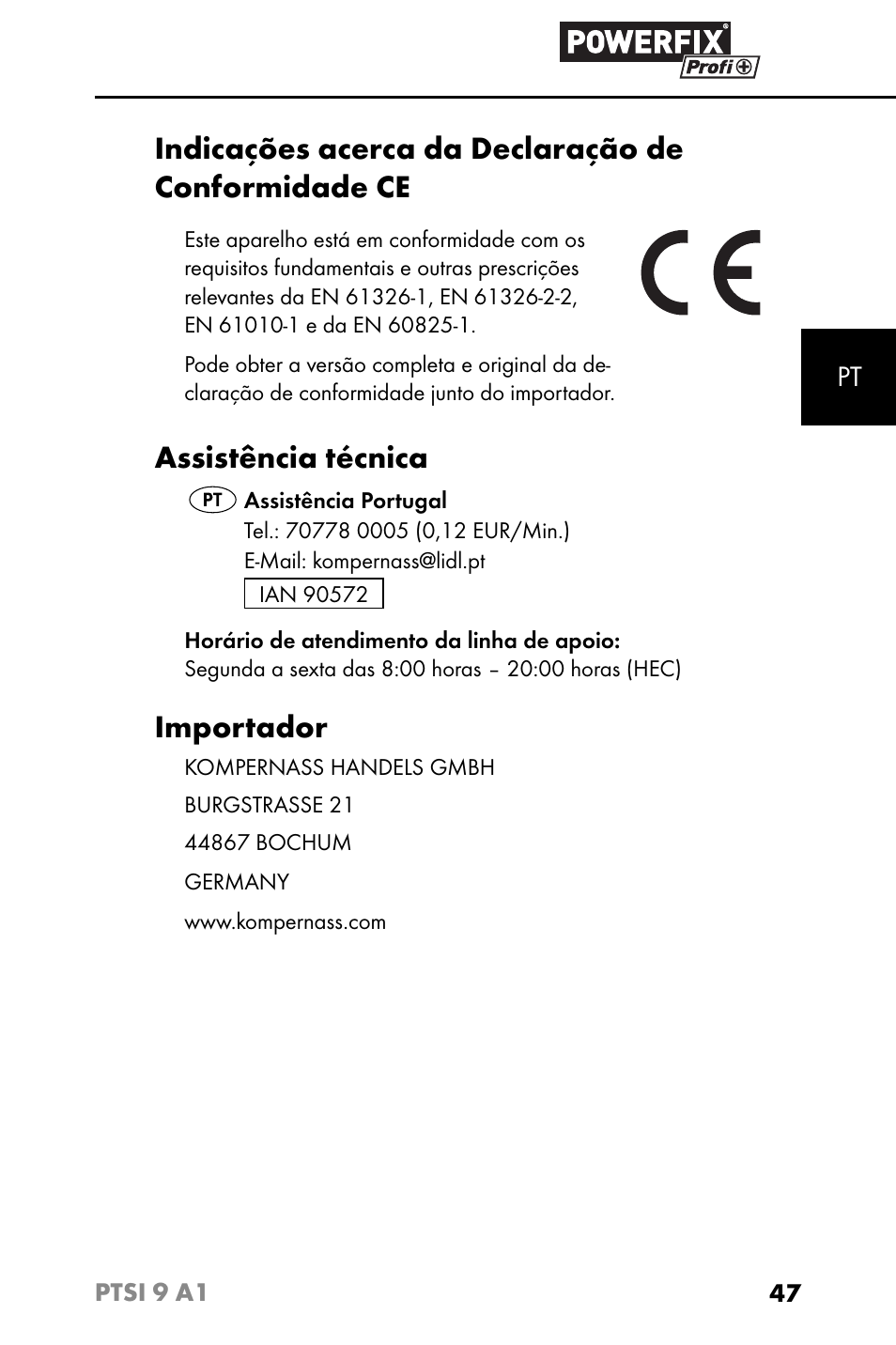 Indicações acerca da declaração de conformidade ce, Assistência técnica, Importador | Powerfix PTSI 9 A1 User Manual | Page 50 / 83