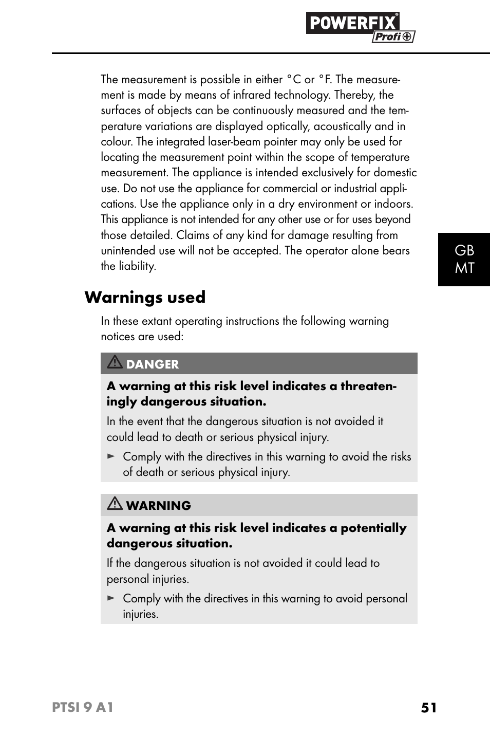 Warnings used, Gb mt | Powerfix PTSI 9 A1 User Manual | Page 54 / 83