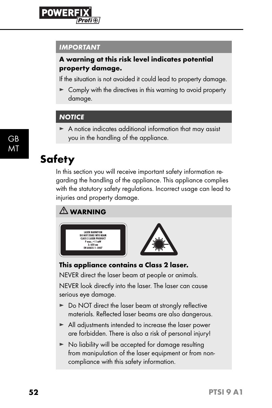 Safety, Gb mt | Powerfix PTSI 9 A1 User Manual | Page 55 / 83