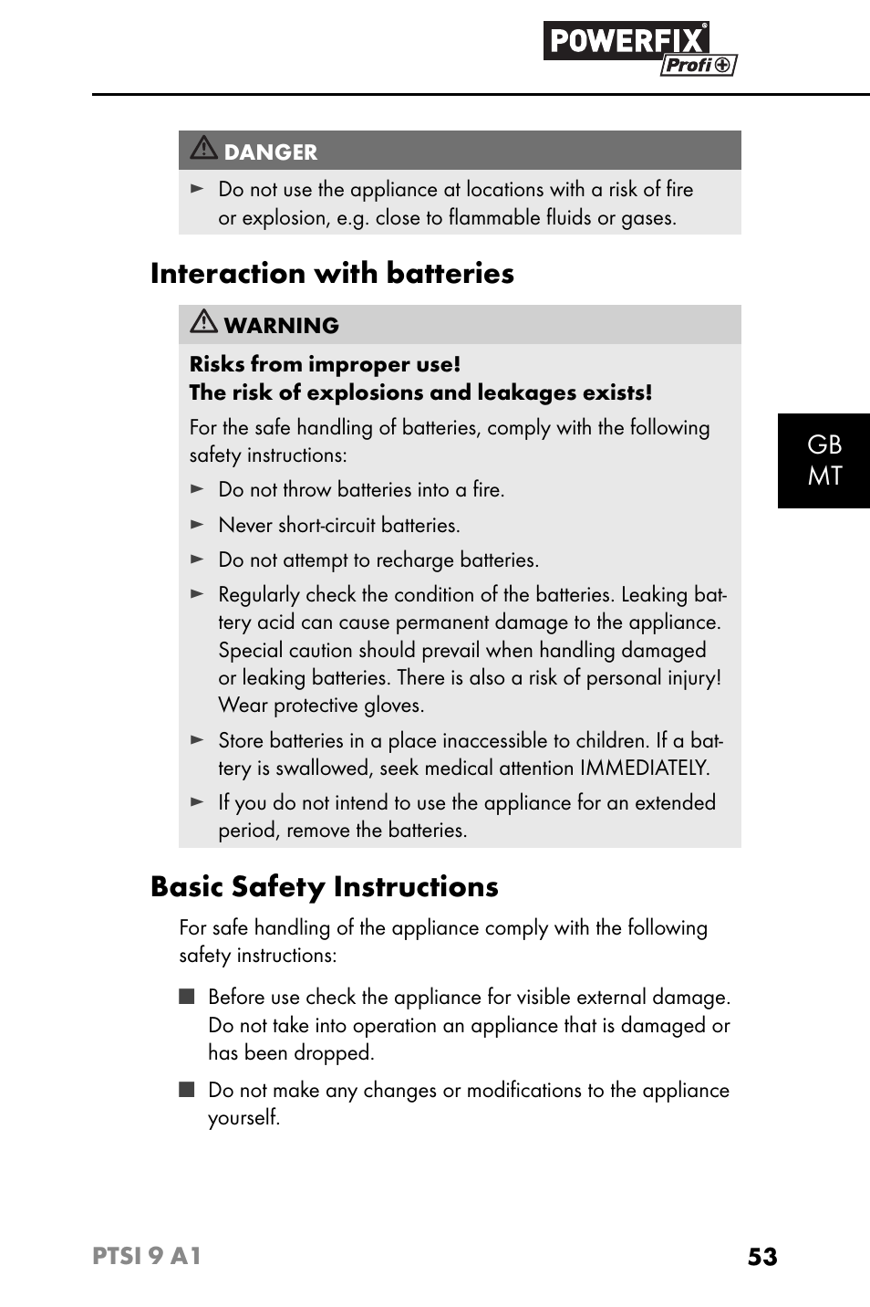 Interaction with batteries, Basic safety instructions, Gb mt | Powerfix PTSI 9 A1 User Manual | Page 56 / 83