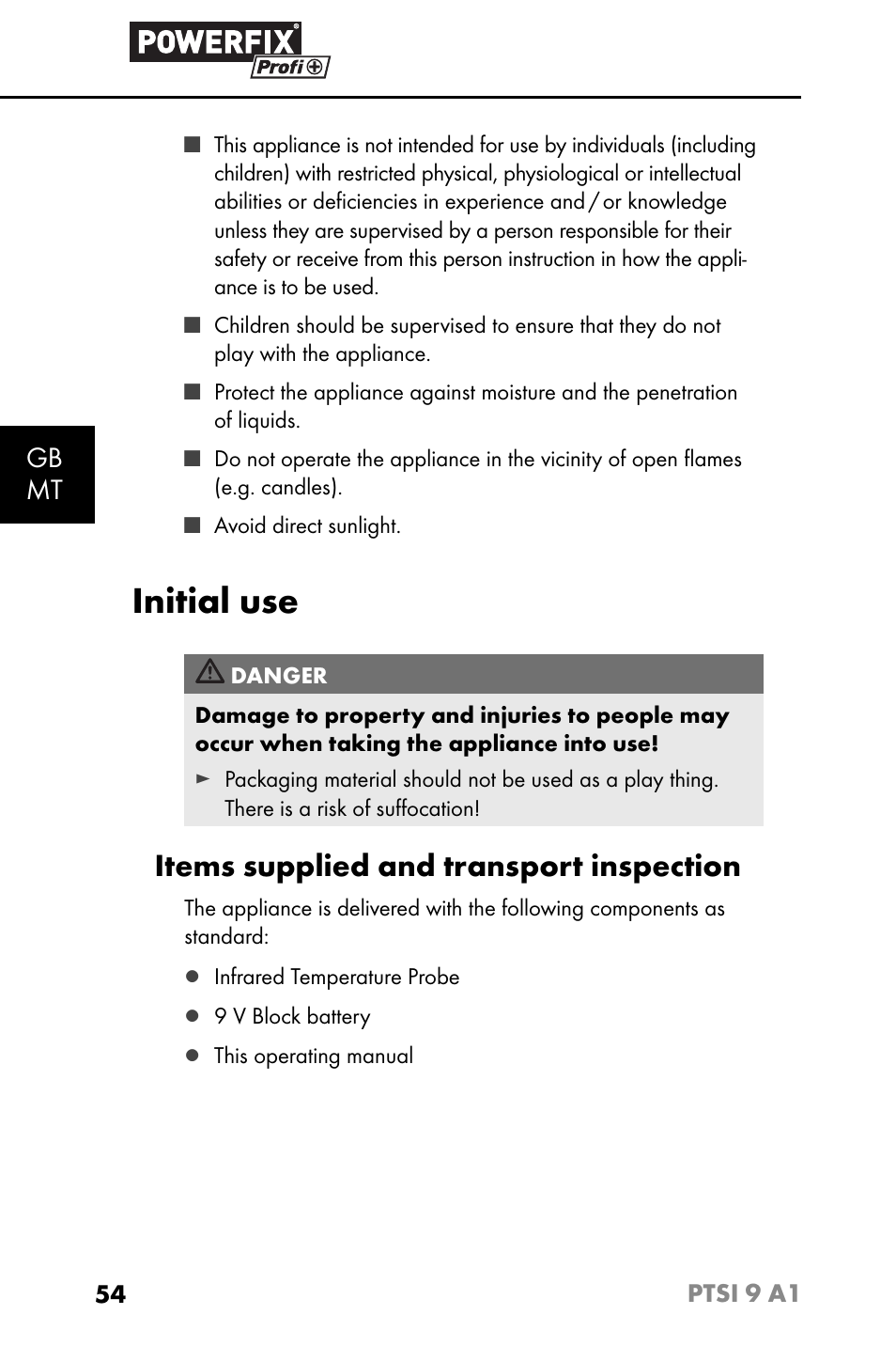 Initial use, Items supplied and transport inspection, Gb mt | Powerfix PTSI 9 A1 User Manual | Page 57 / 83