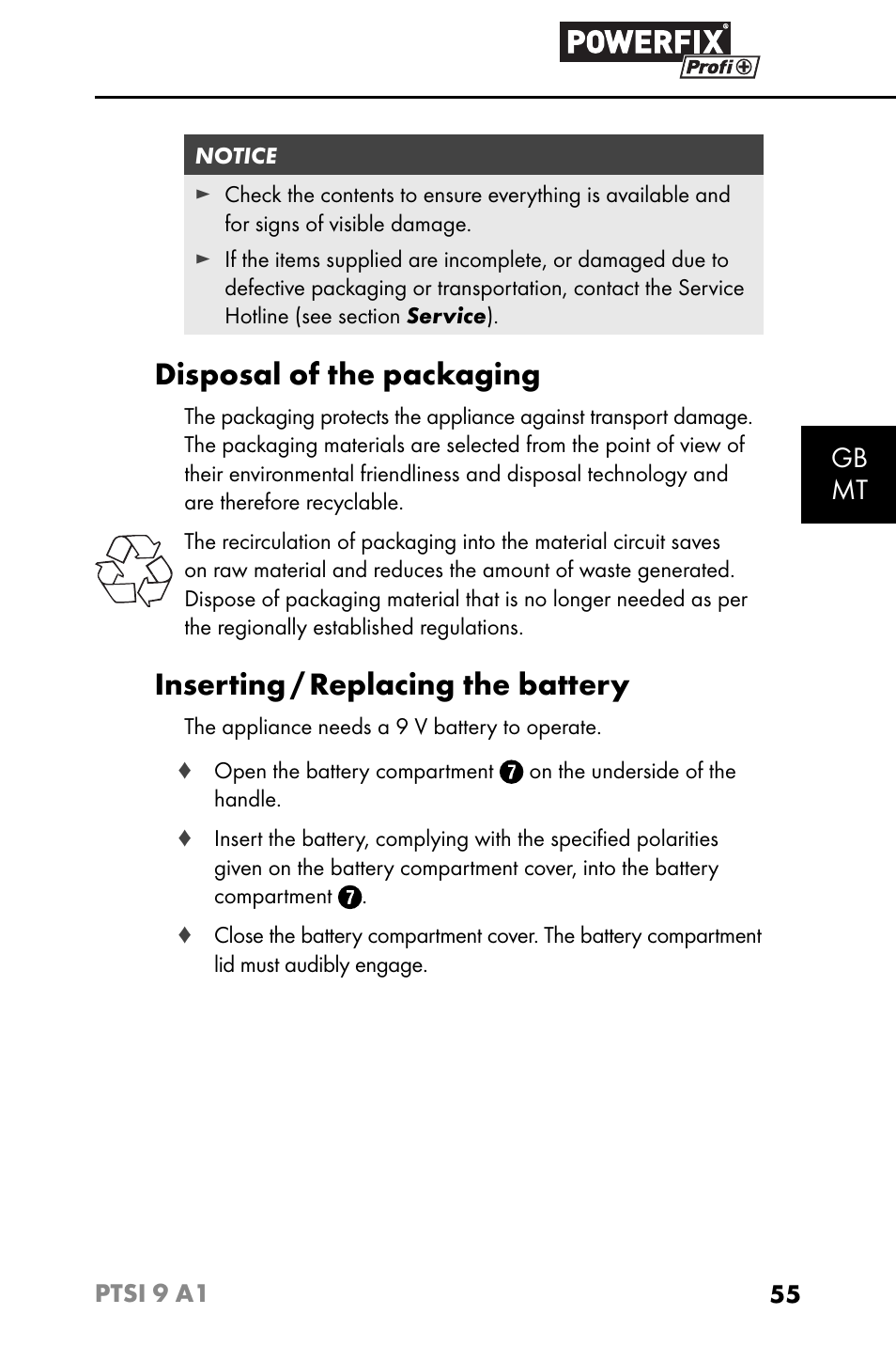 Disposal of the packaging, Inserting / replacing the battery, Gb mt | Powerfix PTSI 9 A1 User Manual | Page 58 / 83