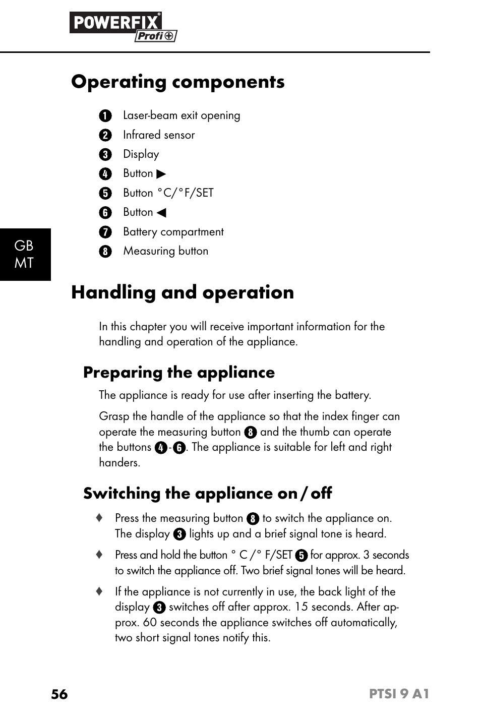 Operating components, Handling and operation, Preparing the appliance | Switching the appliance on / oﬀ, Gb mt | Powerfix PTSI 9 A1 User Manual | Page 59 / 83