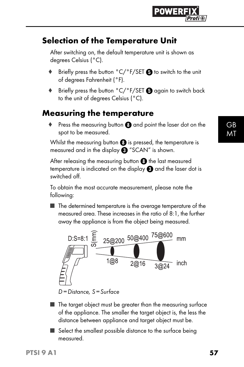 Selection of the temperature unit, Measuring the temperature, Gb mt | Powerfix PTSI 9 A1 User Manual | Page 60 / 83