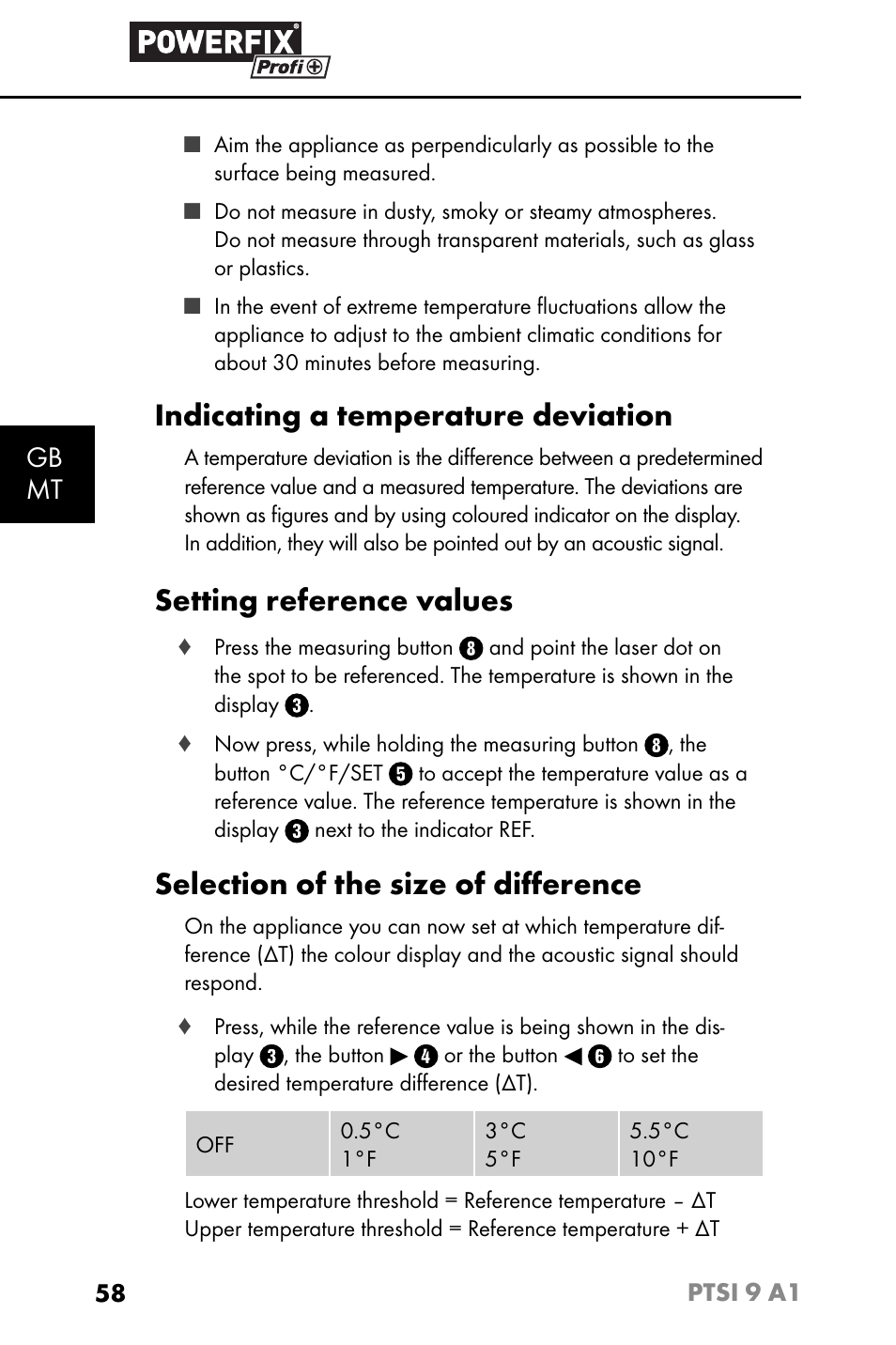 Indicating a temperature deviation, Setting reference values, Selection of the size of diﬀ erence | Gb mt | Powerfix PTSI 9 A1 User Manual | Page 61 / 83