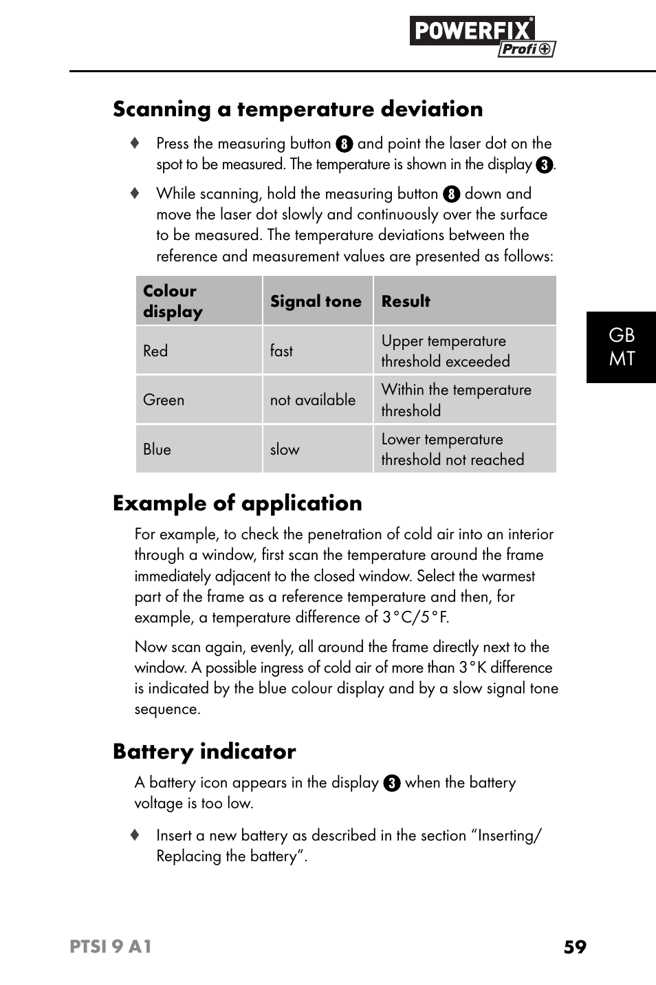 Scanning a temperature deviation, Example of application, Battery indicator | Gb mt | Powerfix PTSI 9 A1 User Manual | Page 62 / 83