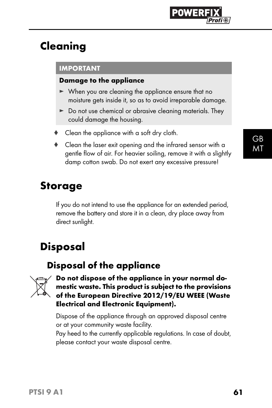 Cleaning, Storage, Disposal | Disposal of the appliance | Powerfix PTSI 9 A1 User Manual | Page 64 / 83