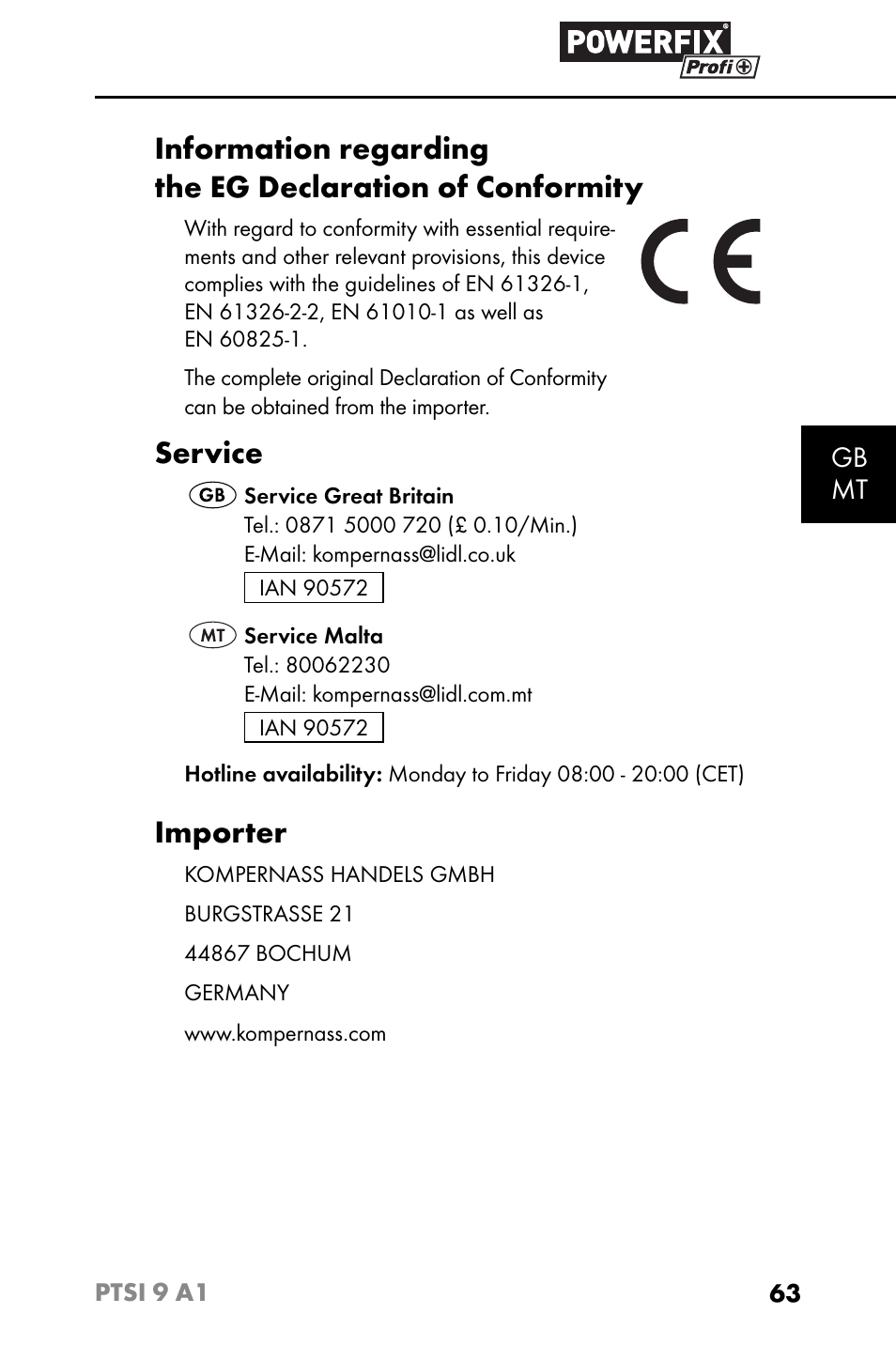 Service, Importer, Gb mt | Powerfix PTSI 9 A1 User Manual | Page 66 / 83