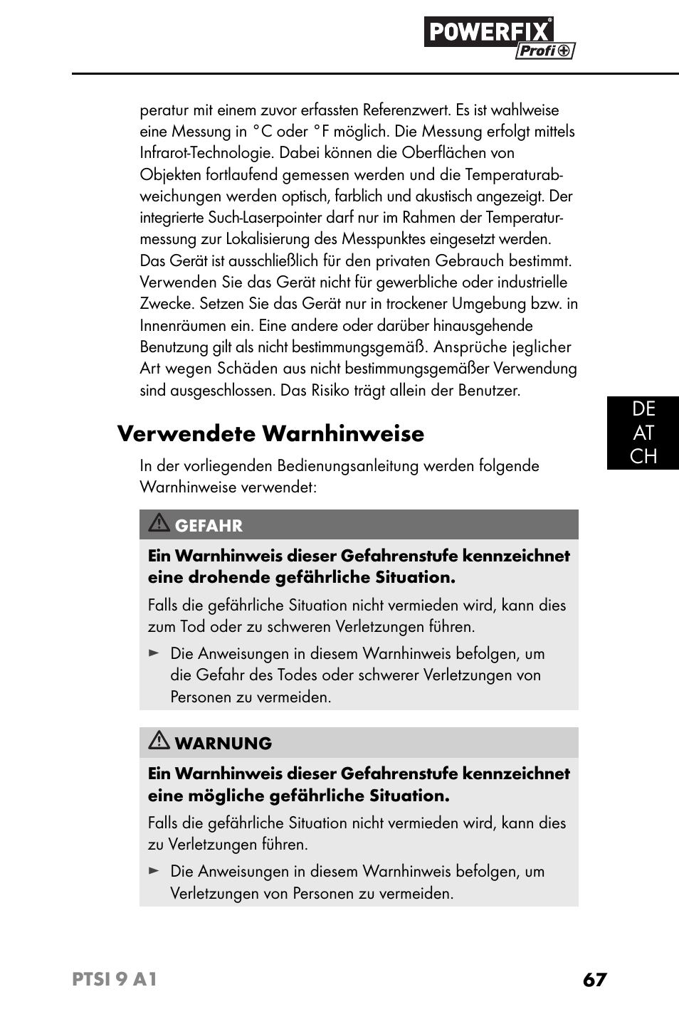 Verwendete warnhinweise, De at ch | Powerfix PTSI 9 A1 User Manual | Page 70 / 83