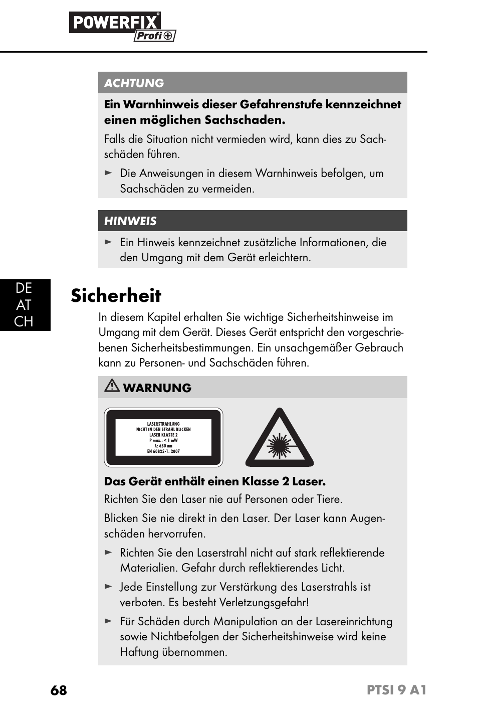 Sicherheit, De at ch | Powerfix PTSI 9 A1 User Manual | Page 71 / 83