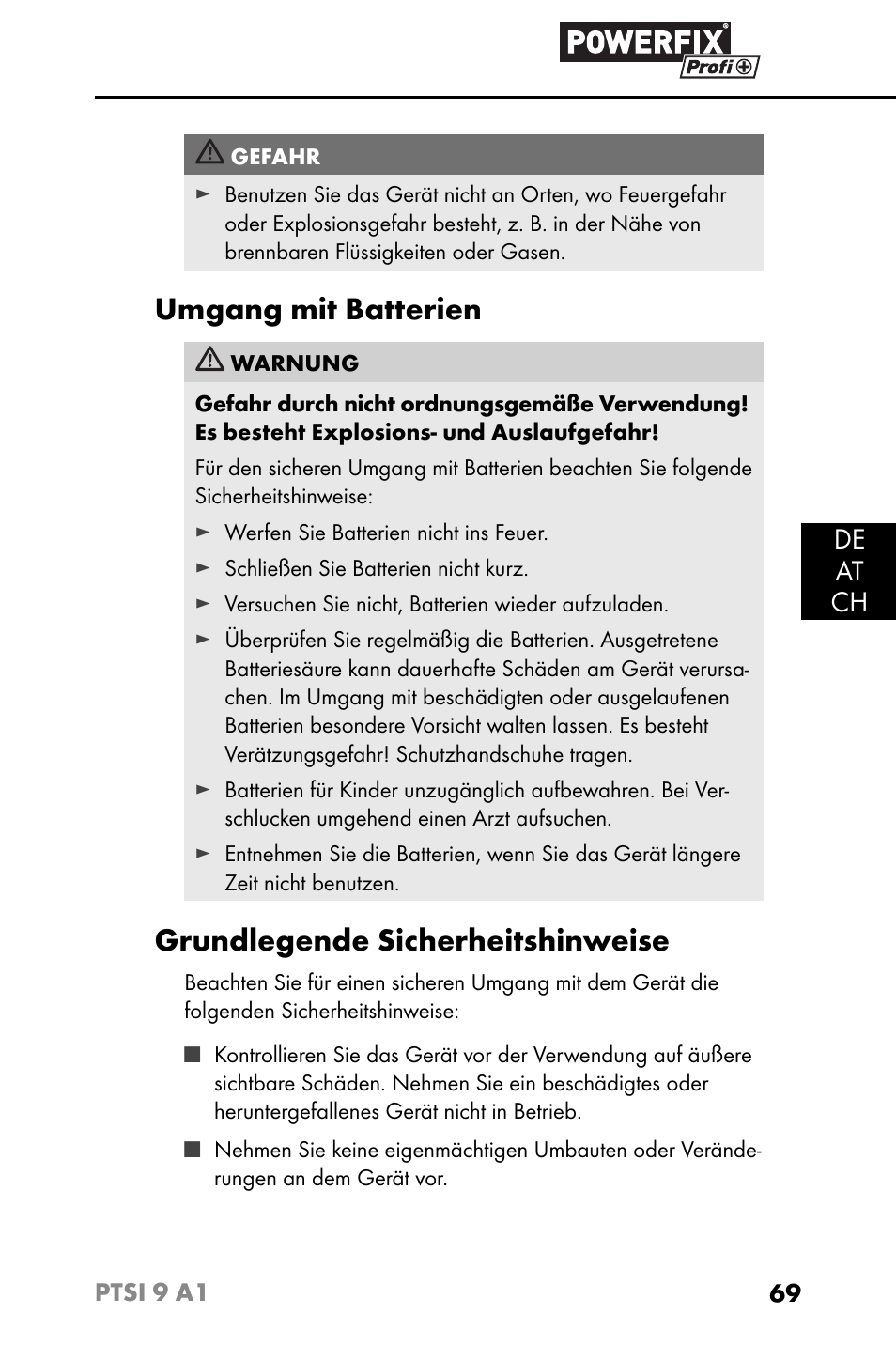 Umgang mit batterien, Grundlegende sicherheitshinweise, De at ch | Powerfix PTSI 9 A1 User Manual | Page 72 / 83