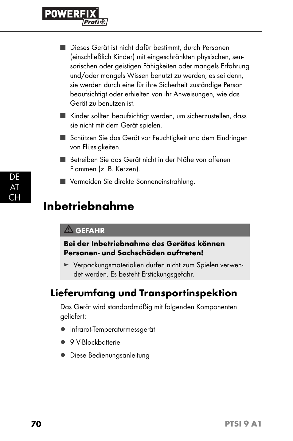 Inbetriebnahme, Lieferumfang und transportinspektion, De at ch | Powerfix PTSI 9 A1 User Manual | Page 73 / 83