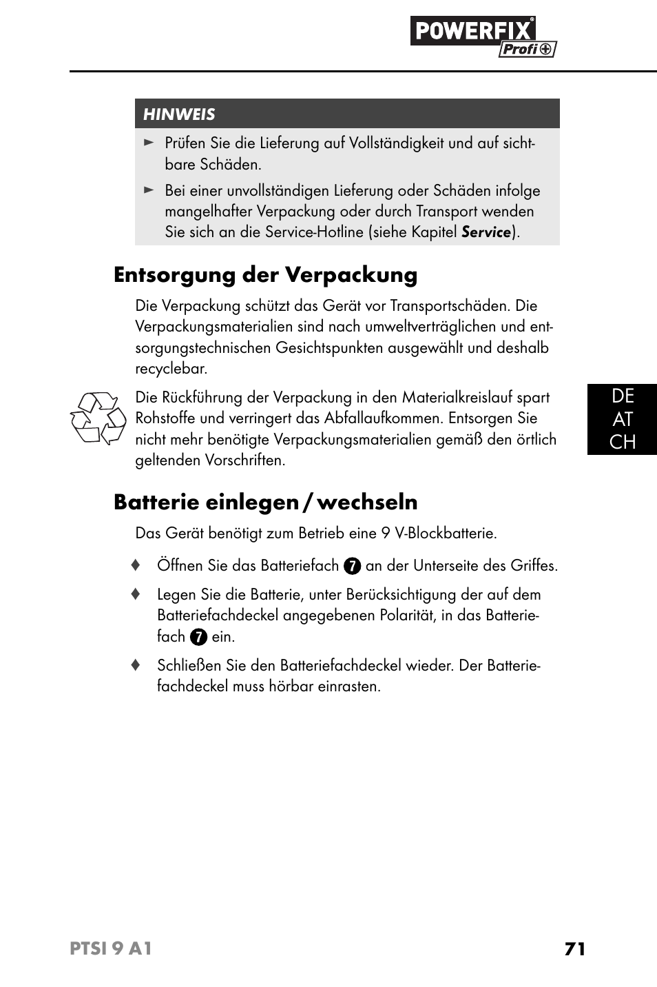 Entsorgung der verpackung, Batterie einlegen / wechseln, De at ch | Powerfix PTSI 9 A1 User Manual | Page 74 / 83