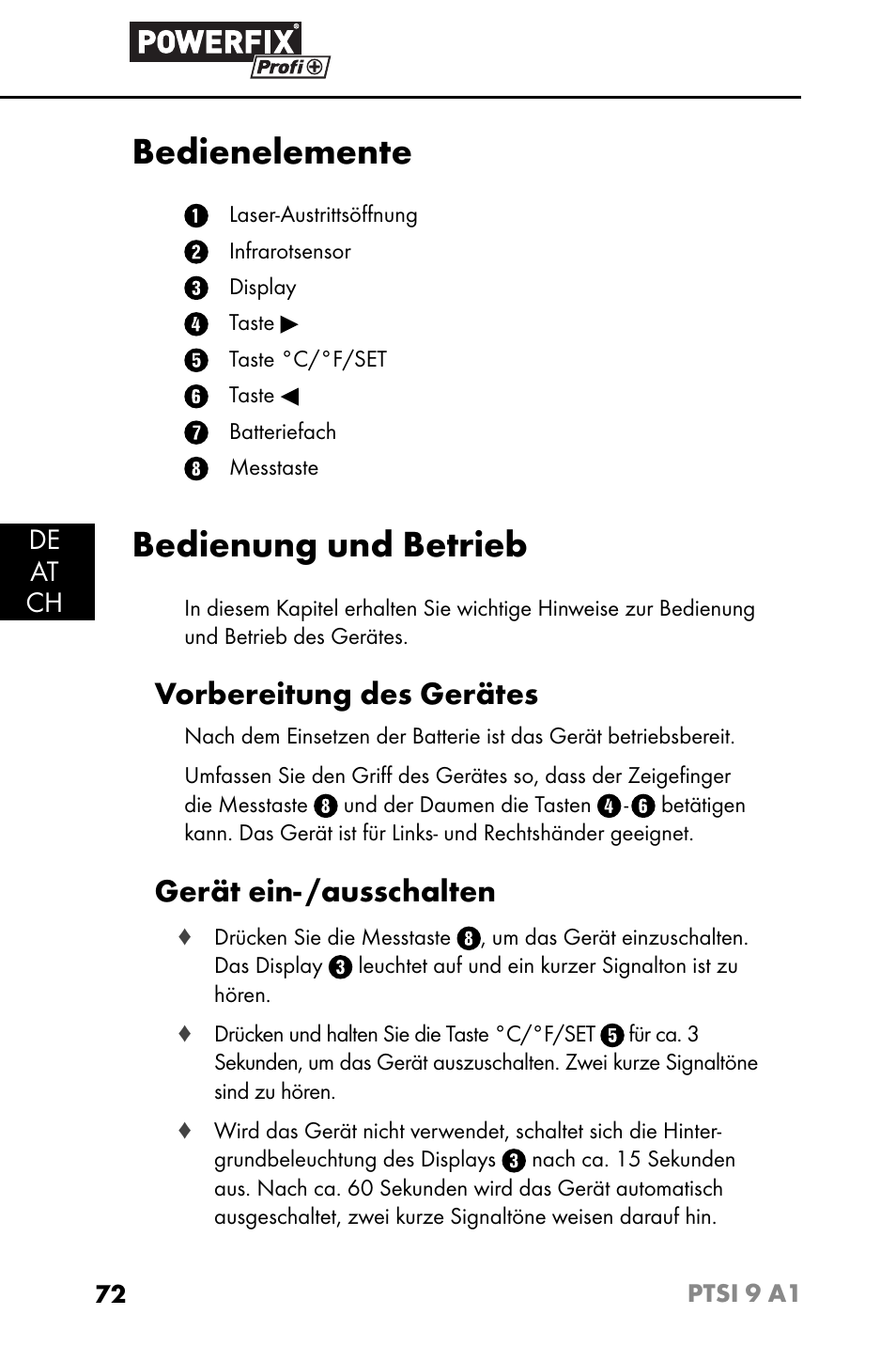 Bedienelemente, Bedienung und betrieb, Vorbereitung des gerätes | Gerät ein- /ausschalten | Powerfix PTSI 9 A1 User Manual | Page 75 / 83