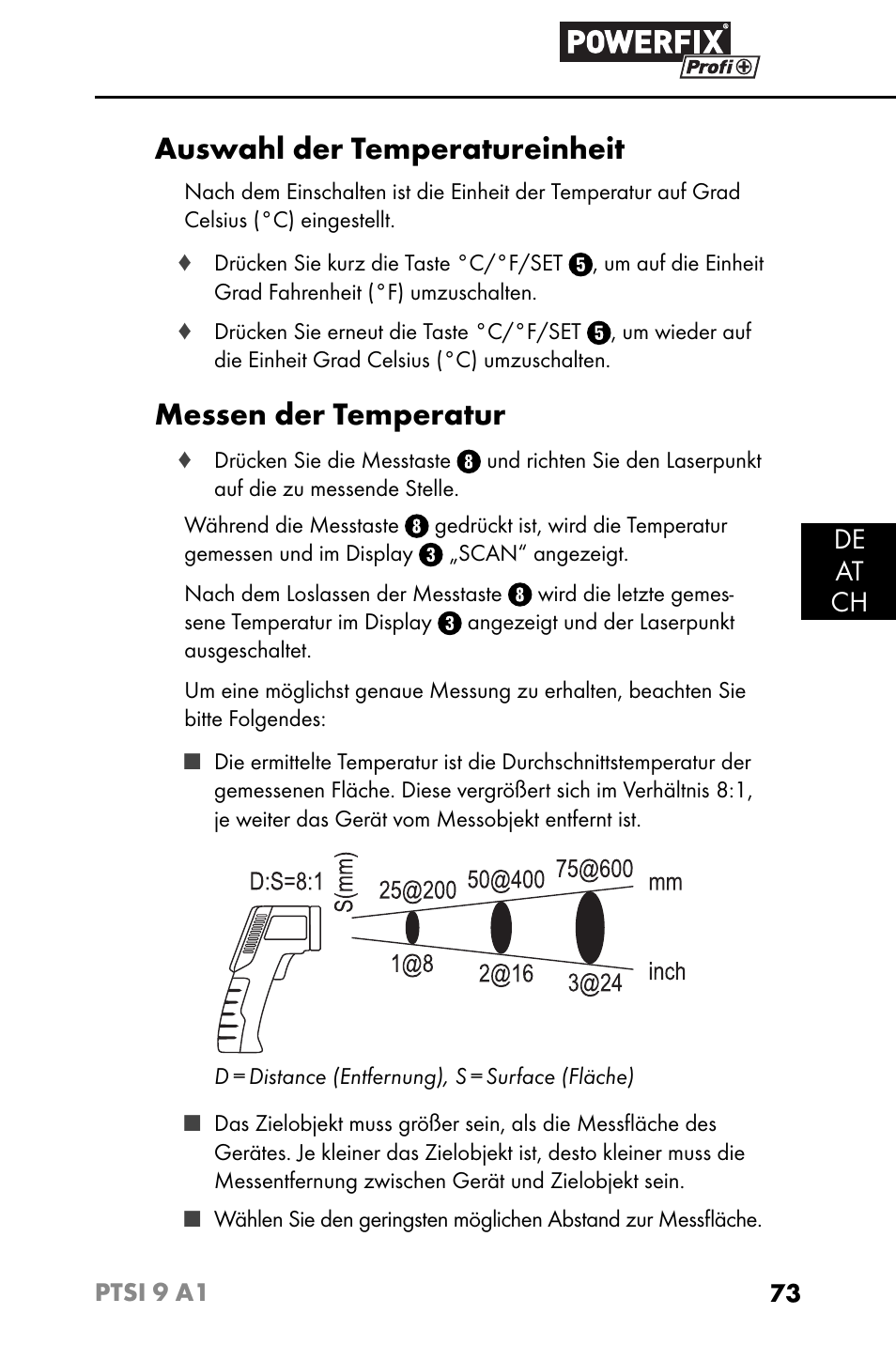 Auswahl der temperatureinheit, Messen der temperatur, De at ch | Powerfix PTSI 9 A1 User Manual | Page 76 / 83