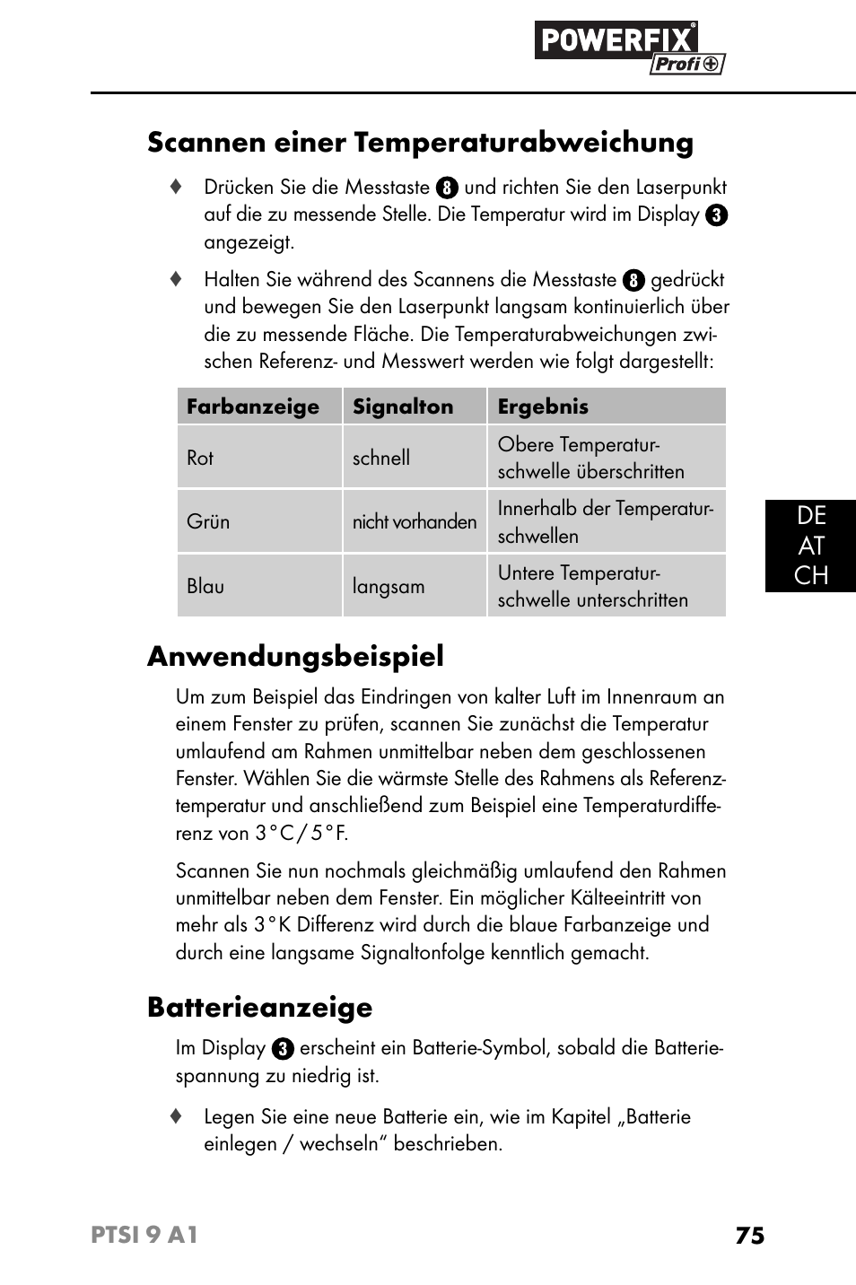 Scannen einer temperaturabweichung, Anwendungsbeispiel, Batterieanzeige | De at ch | Powerfix PTSI 9 A1 User Manual | Page 78 / 83