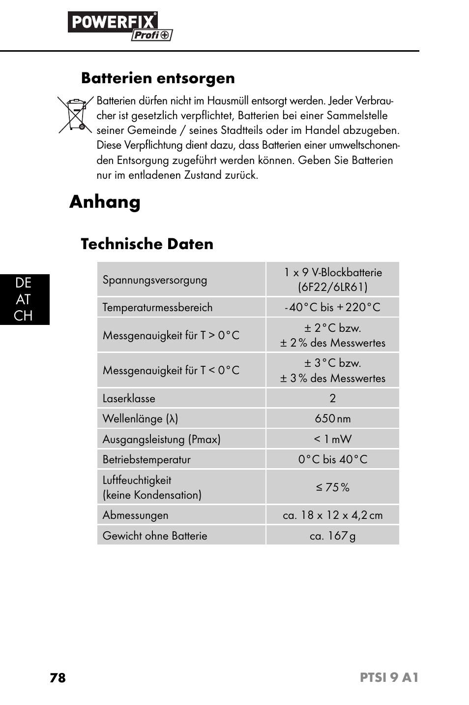 Anhang, Batterien entsorgen, Technische daten | De at ch | Powerfix PTSI 9 A1 User Manual | Page 81 / 83