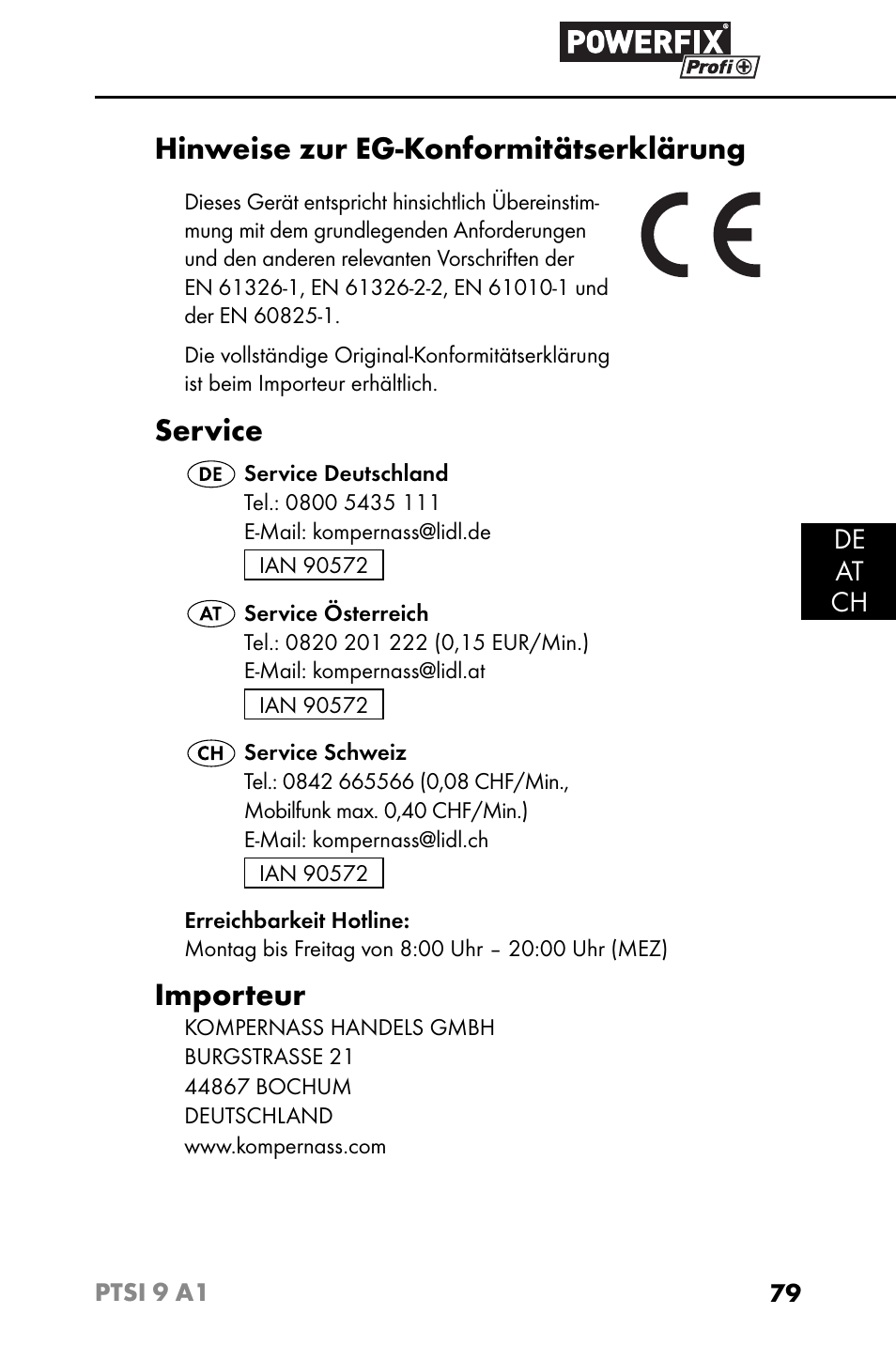 Hinweise zur eg-konformitätserklärung, Service, Importeur | De at ch | Powerfix PTSI 9 A1 User Manual | Page 82 / 83