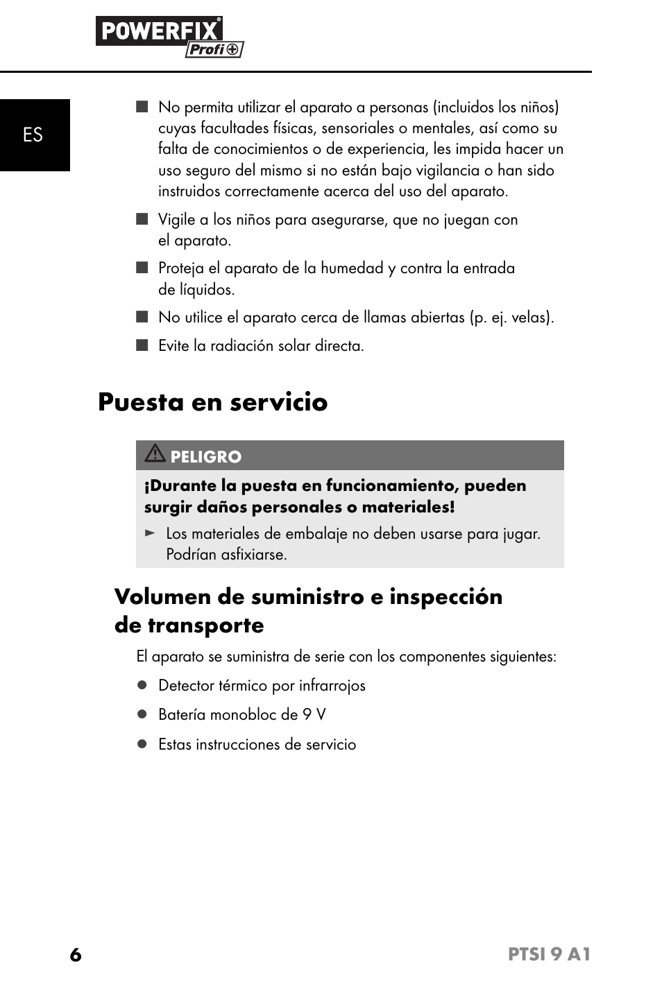 Puesta en servicio, Volumen de suministro e inspección de transporte | Powerfix PTSI 9 A1 User Manual | Page 9 / 83