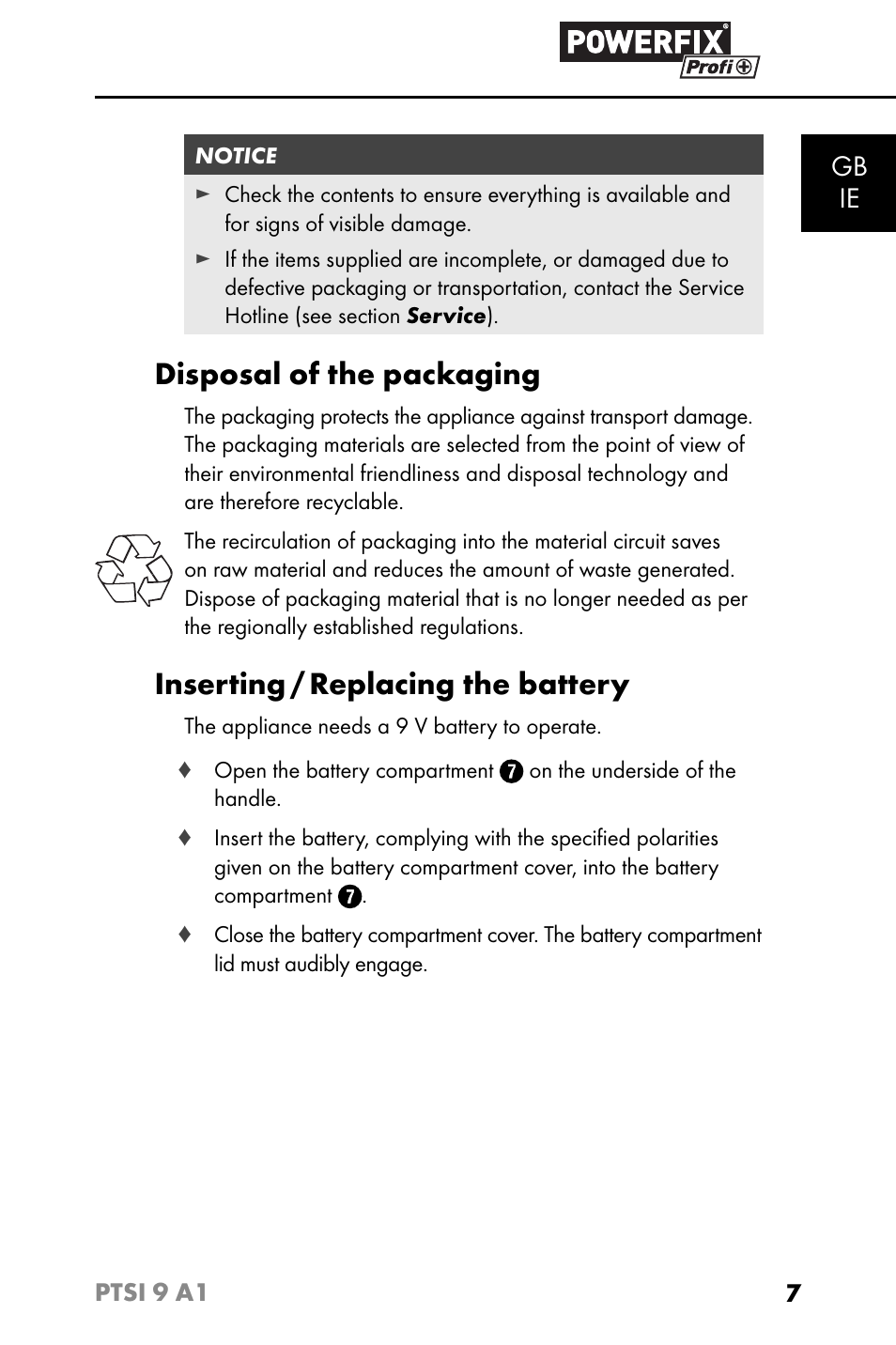Disposal of the packaging, Inserting / replacing the battery, Gb ie | Powerfix PTSI 9 A1 User Manual | Page 10 / 115
