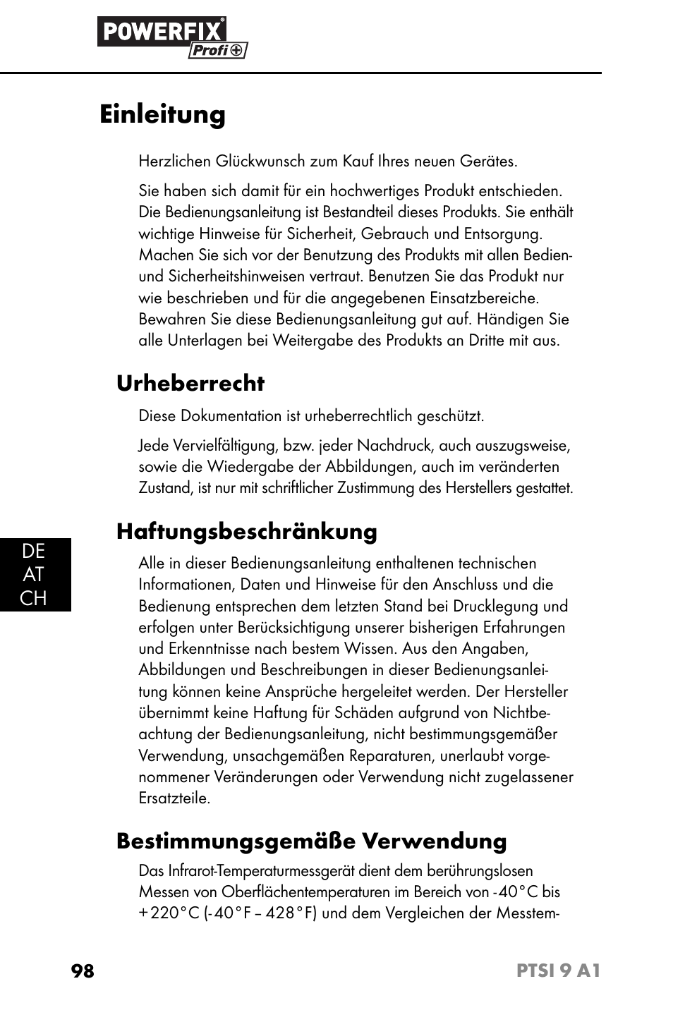 Einleitung, Urheberrecht, Haftungsbeschränkung | Bestimmungsgemäße verwendung | Powerfix PTSI 9 A1 User Manual | Page 101 / 115