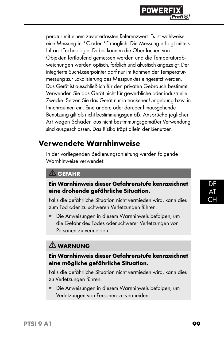 Verwendete warnhinweise, De at ch | Powerfix PTSI 9 A1 User Manual | Page 102 / 115