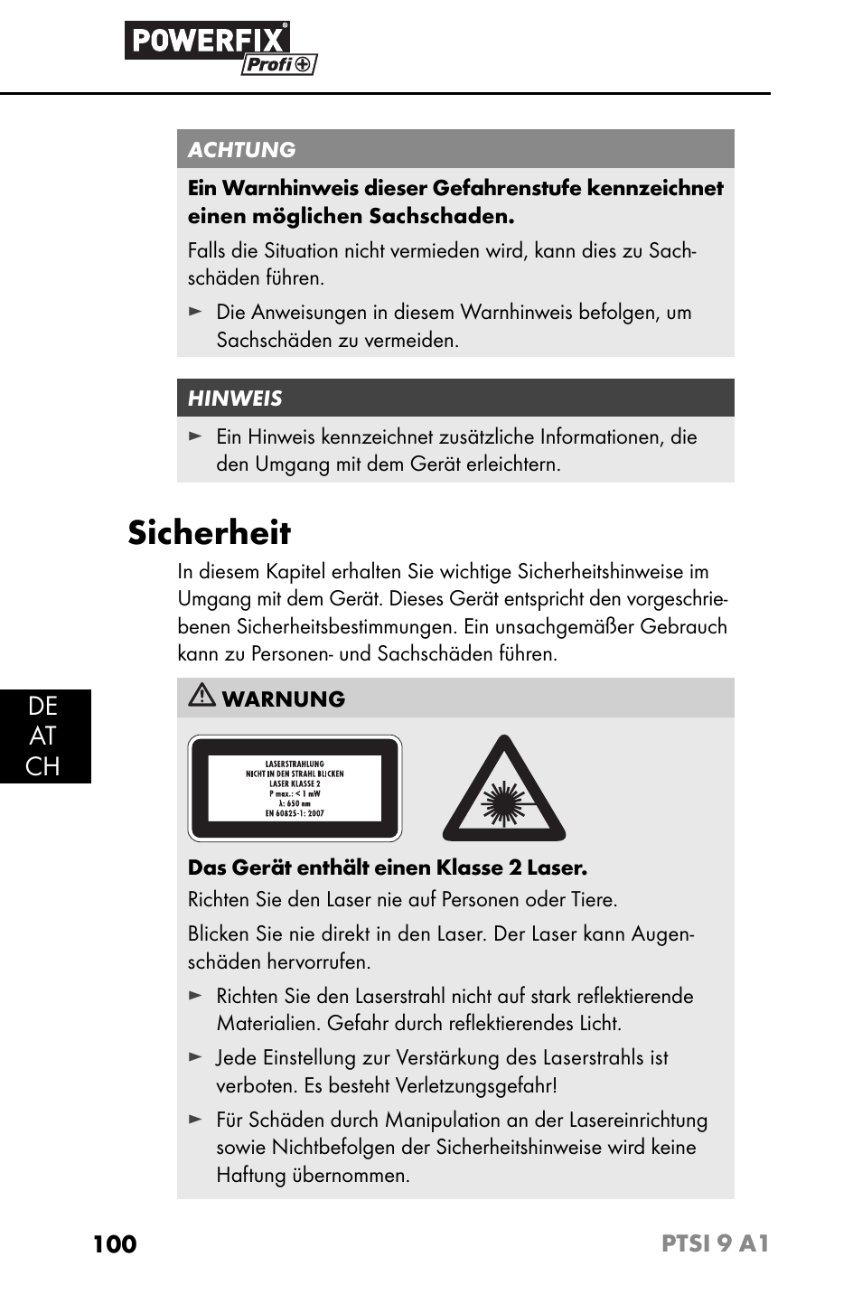 Sicherheit, De at ch | Powerfix PTSI 9 A1 User Manual | Page 103 / 115