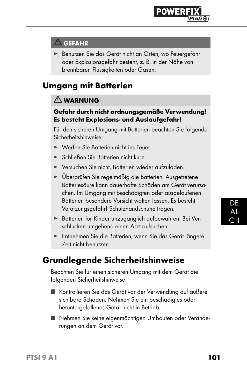 Umgang mit batterien, Grundlegende sicherheitshinweise, De at ch | Powerfix PTSI 9 A1 User Manual | Page 104 / 115