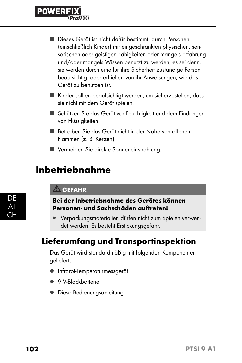 Inbetriebnahme, Lieferumfang und transportinspektion, De at ch | Powerfix PTSI 9 A1 User Manual | Page 105 / 115