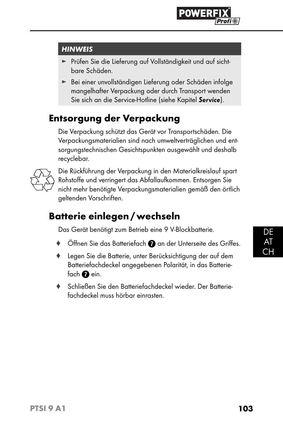 Entsorgung der verpackung, Batterie einlegen / wechseln, De at ch | Powerfix PTSI 9 A1 User Manual | Page 106 / 115