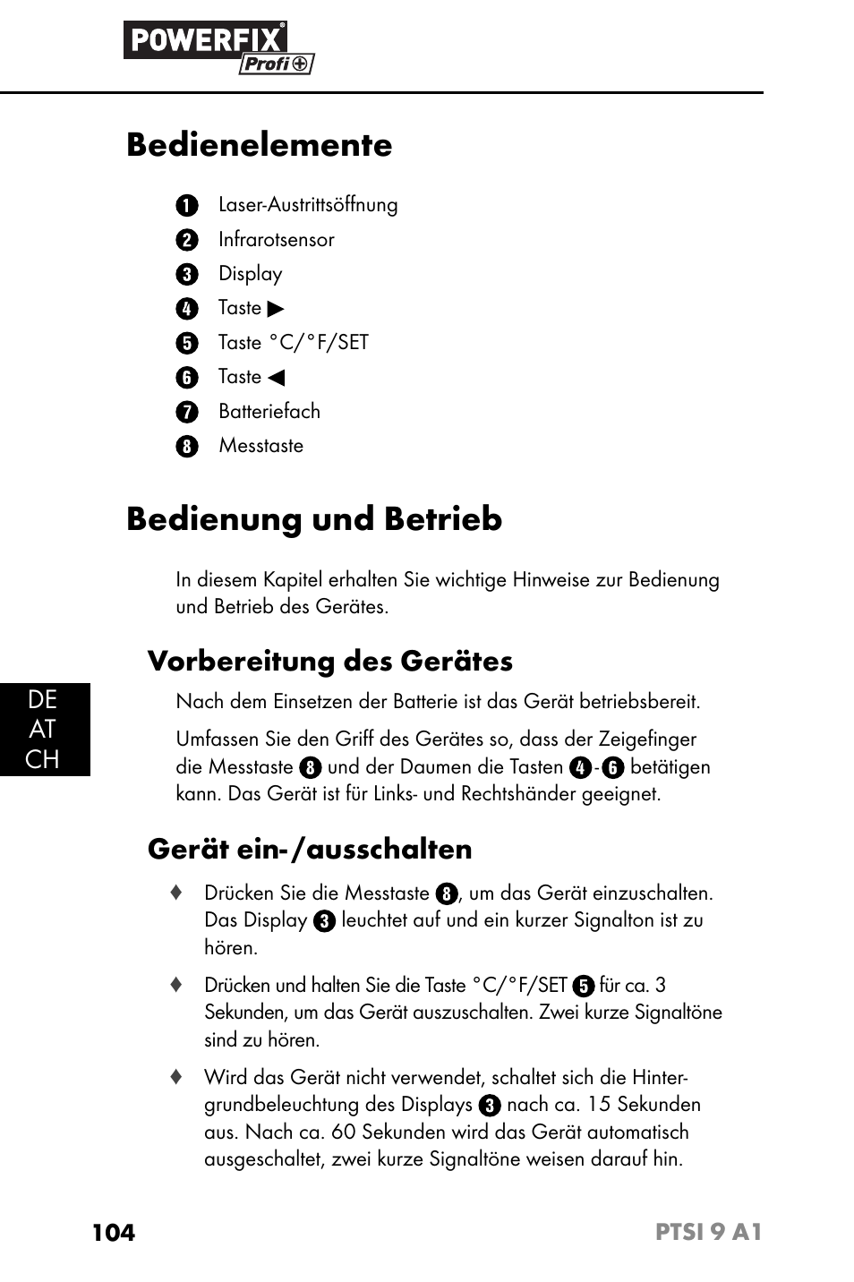 Bedienelemente, Bedienung und betrieb, Vorbereitung des gerätes | Gerät ein- /ausschalten | Powerfix PTSI 9 A1 User Manual | Page 107 / 115