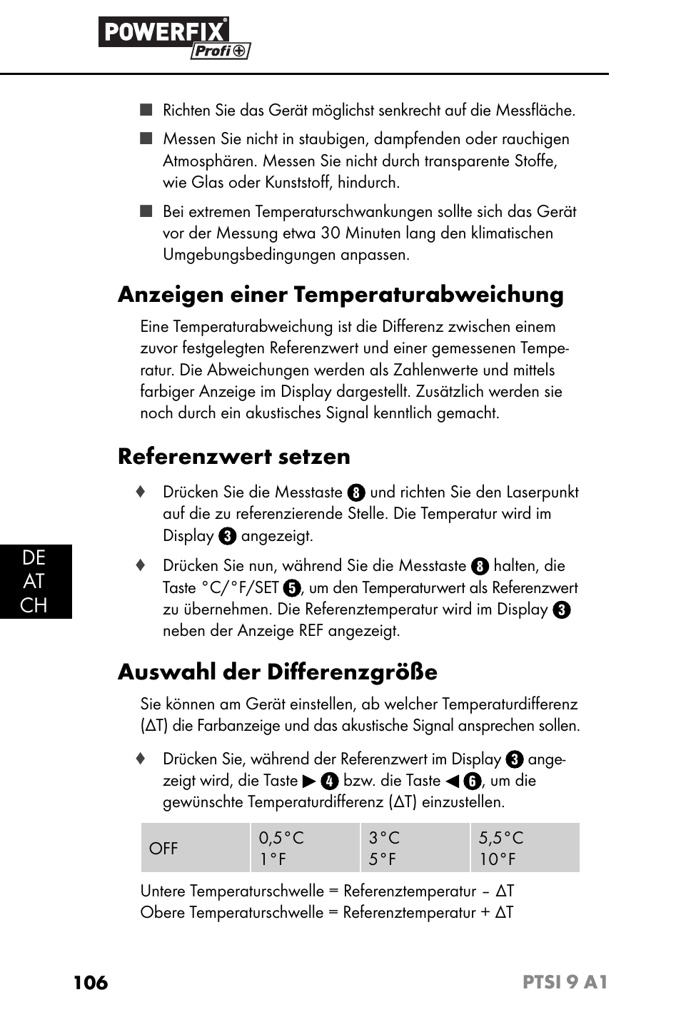 Anzeigen einer temperaturabweichung, Referenzwert setzen, Auswahl der diﬀ erenzgröße | De at ch | Powerfix PTSI 9 A1 User Manual | Page 109 / 115