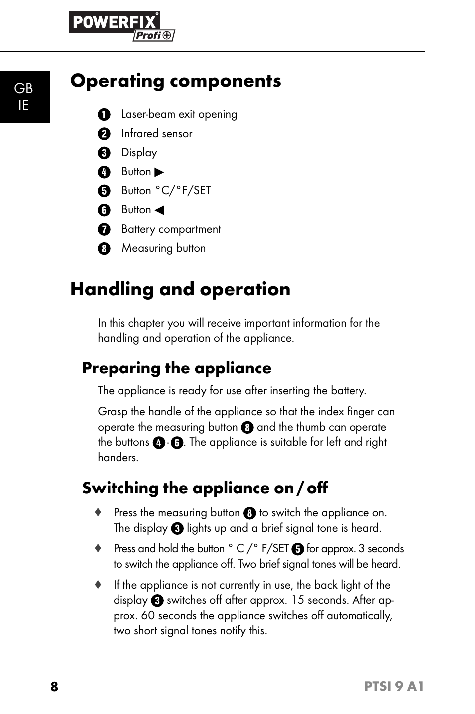 Operating components, Handling and operation, Preparing the appliance | Switching the appliance on / oﬀ, Gb ie | Powerfix PTSI 9 A1 User Manual | Page 11 / 115