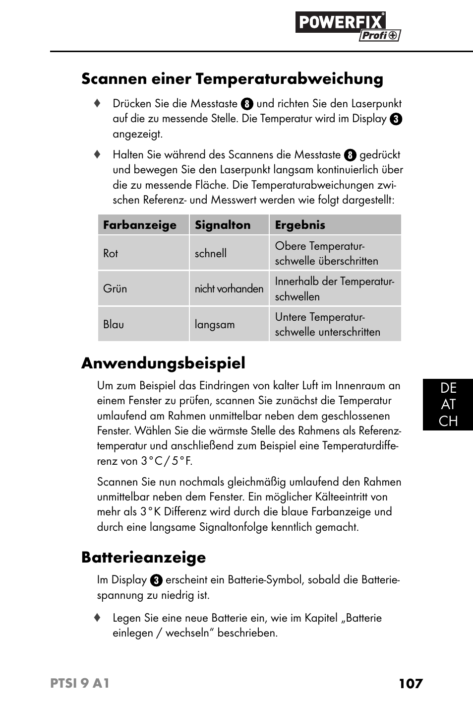 Scannen einer temperaturabweichung, Anwendungsbeispiel, Batterieanzeige | De at ch | Powerfix PTSI 9 A1 User Manual | Page 110 / 115