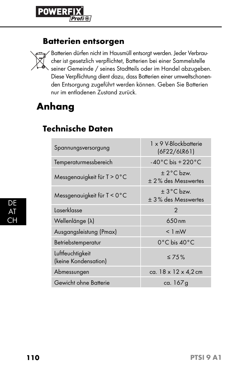 Anhang, Batterien entsorgen, Technische daten | De at ch | Powerfix PTSI 9 A1 User Manual | Page 113 / 115