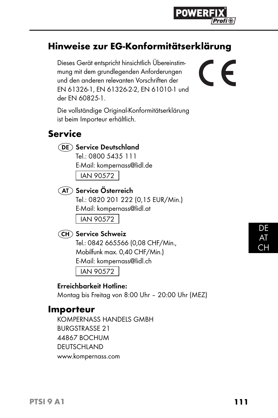 Hinweise zur eg-konformitätserklärung, Service, Importeur | De at ch | Powerfix PTSI 9 A1 User Manual | Page 114 / 115