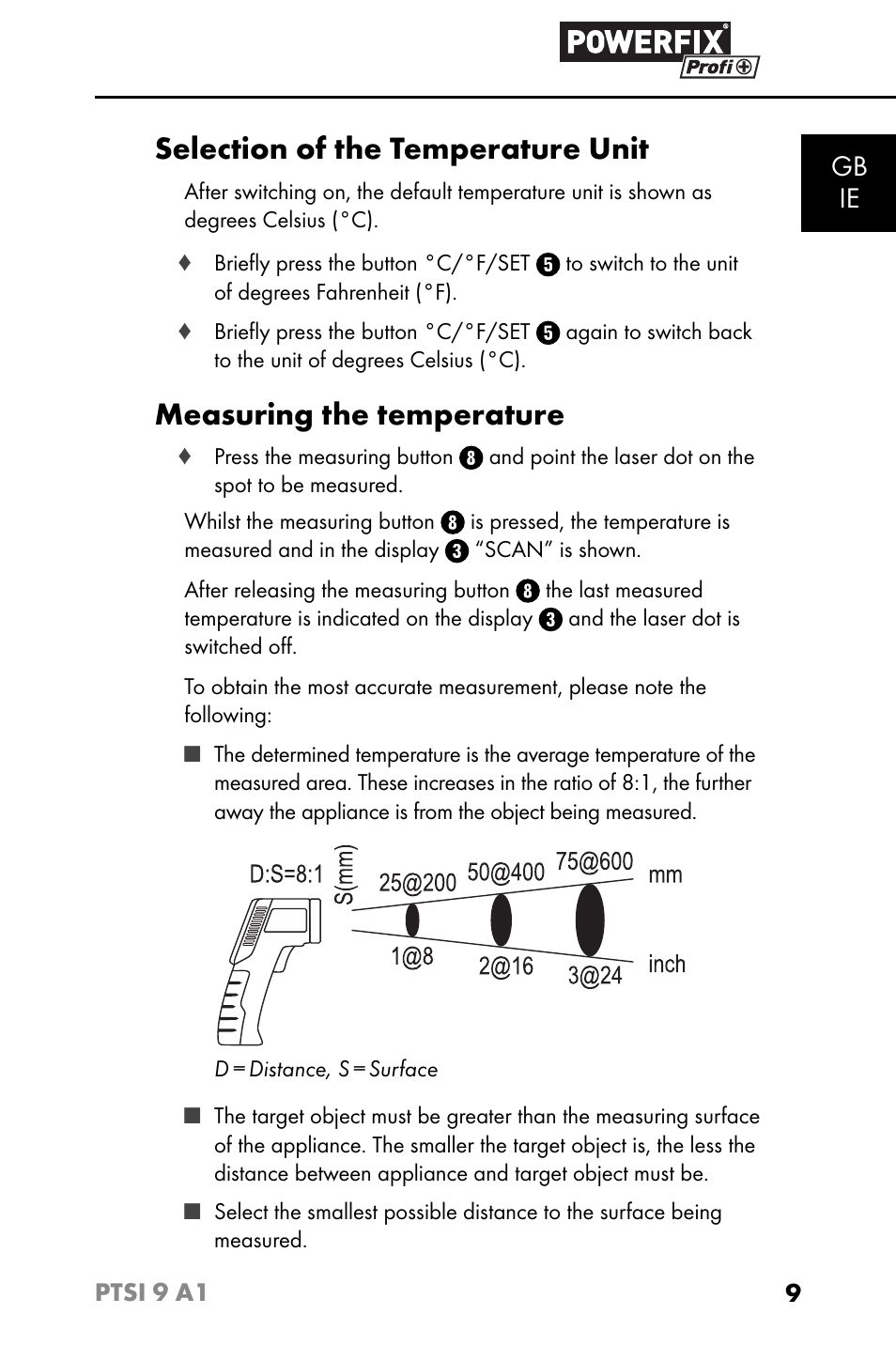 Selection of the temperature unit, Measuring the temperature, Gb ie | Powerfix PTSI 9 A1 User Manual | Page 12 / 115